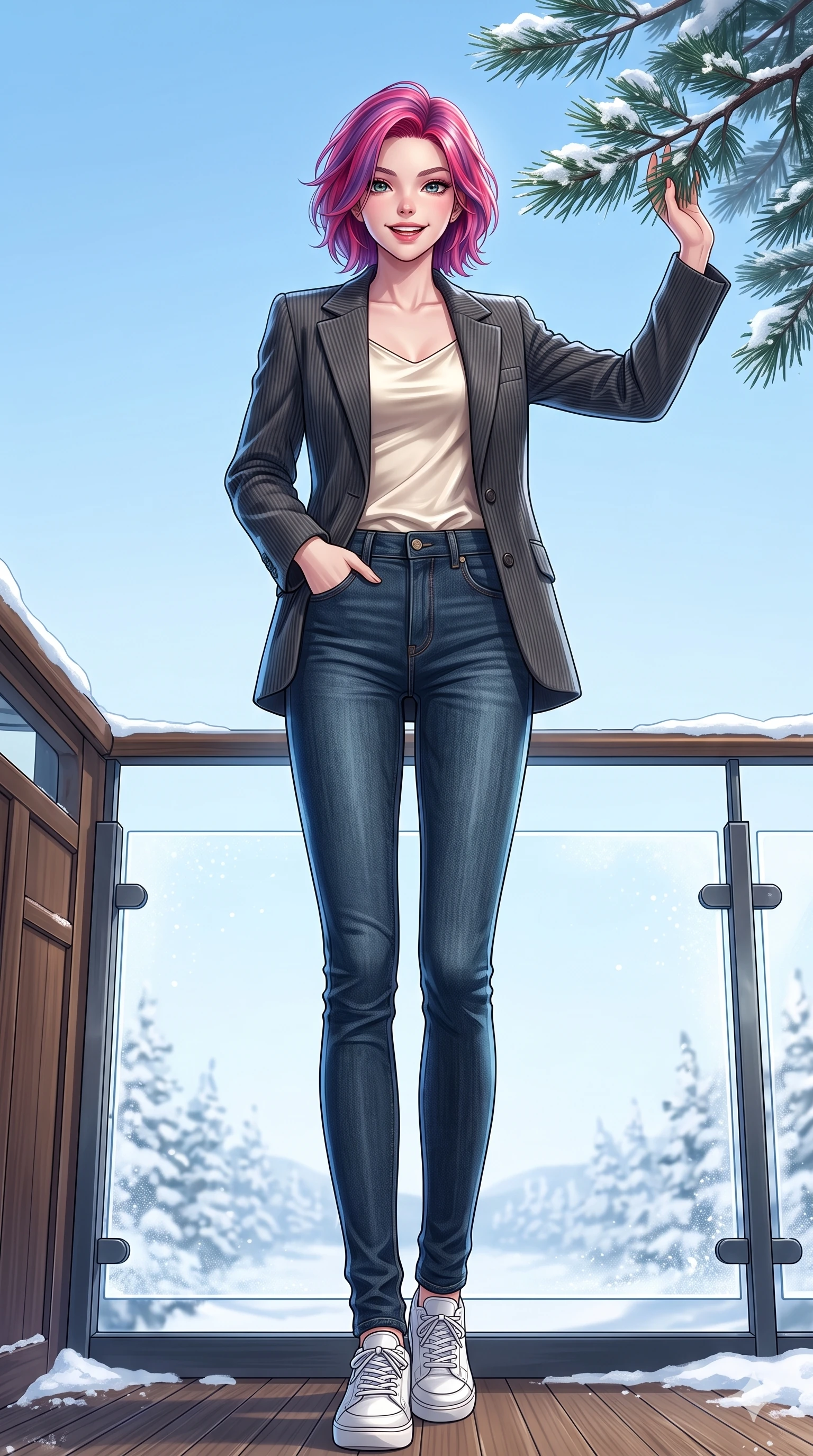 score_9, masterpiece, best quality, ultra-detailed, high-budget anime keyframe, vibrant anime aesthetic, Caucasian woman, strictly human ears. low angle full-body shot from head to toe showing her feet, filling the entire 9:16 vertical frame with her statuesque presence, stretching her vertical silhouette. She is posing with a playful, lively grin, leaning one hand against a snow pine on an open-air luxury train observation deck under a clear winter sky (Code-P21-032). She has an absolutely perfect 8-heads proportion, an exceptionally tall and slender female figure with impossibly long slender legs and an ultra-slim waist. V-shaped jawline, high-bridge nose, intricate jewel-like eyes with depth, thick eyelashes, glossy lips with a natural sheen. wearing a tailored corduroy blazer over a satin top and jeans in winter. She is cool, bright winter sky reflections from all sides, outlining her tall slender figure. 2k, ultra detail, master piece, 9:16 ratio