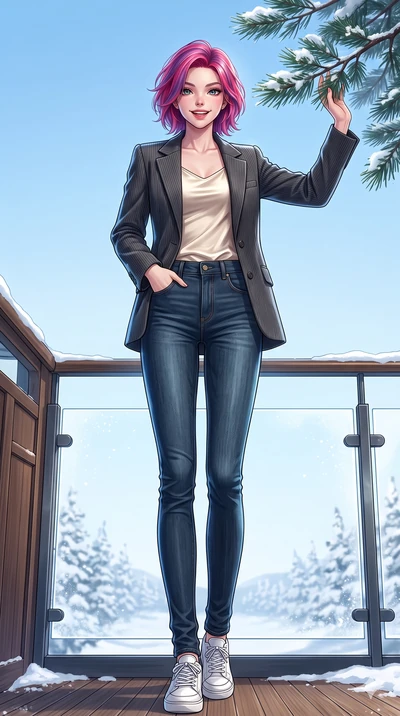 score_9, masterpiece, best quality, ultra-detailed, high-budget anime keyframe, vibrant anime aesthetic, Caucasian woman, strictly human ears. low angle full-body shot from head to toe showing her feet, filling the entire 9:16 vertical frame with her