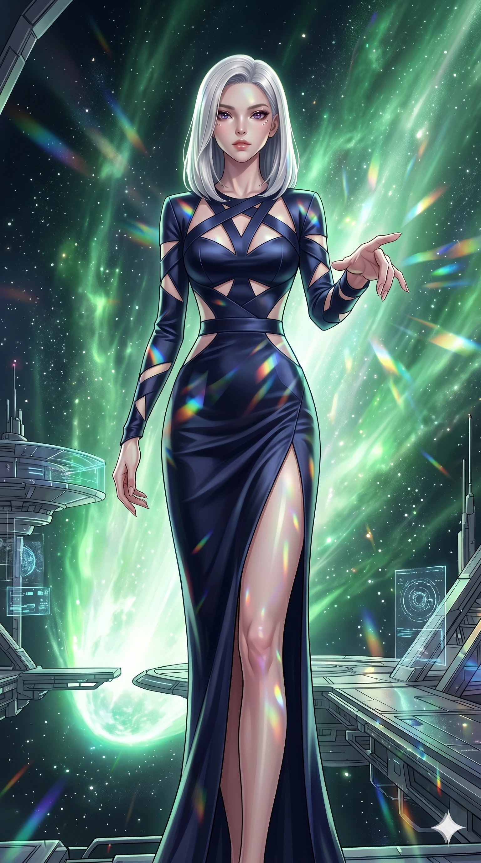score_9, masterpiece, best quality, ultra-detailed, high-budget anime keyframe, editorial fashion photography, tasteful artistic composition, Korean woman. cowboy shot from the thighs up, character and outfit filling the frame for maximum editorial presence. Reaching one hand toward the viewer with relaxed elegance, her fingers softly bent on an orbital research platform passing through the glowing tail of a green comet. She has an absolutely perfect 8-heads proportion, an exceptionally tall and slender female figure with impossibly long slender legs and an ultra-slim waist. V-shaped jawline, high-bridge nose, intricate jewel-like eyes with depth, thick eyelashes, glossy lips with a natural sheen. wearing a structured column dress in dark navy satin with geometric cutouts and a side slit to mid-thigh. lit by mirror-reflected prismatic spotlights, creating geometric light patterns across her body. 2k, ultra detail, master piece, 9:16 ratio