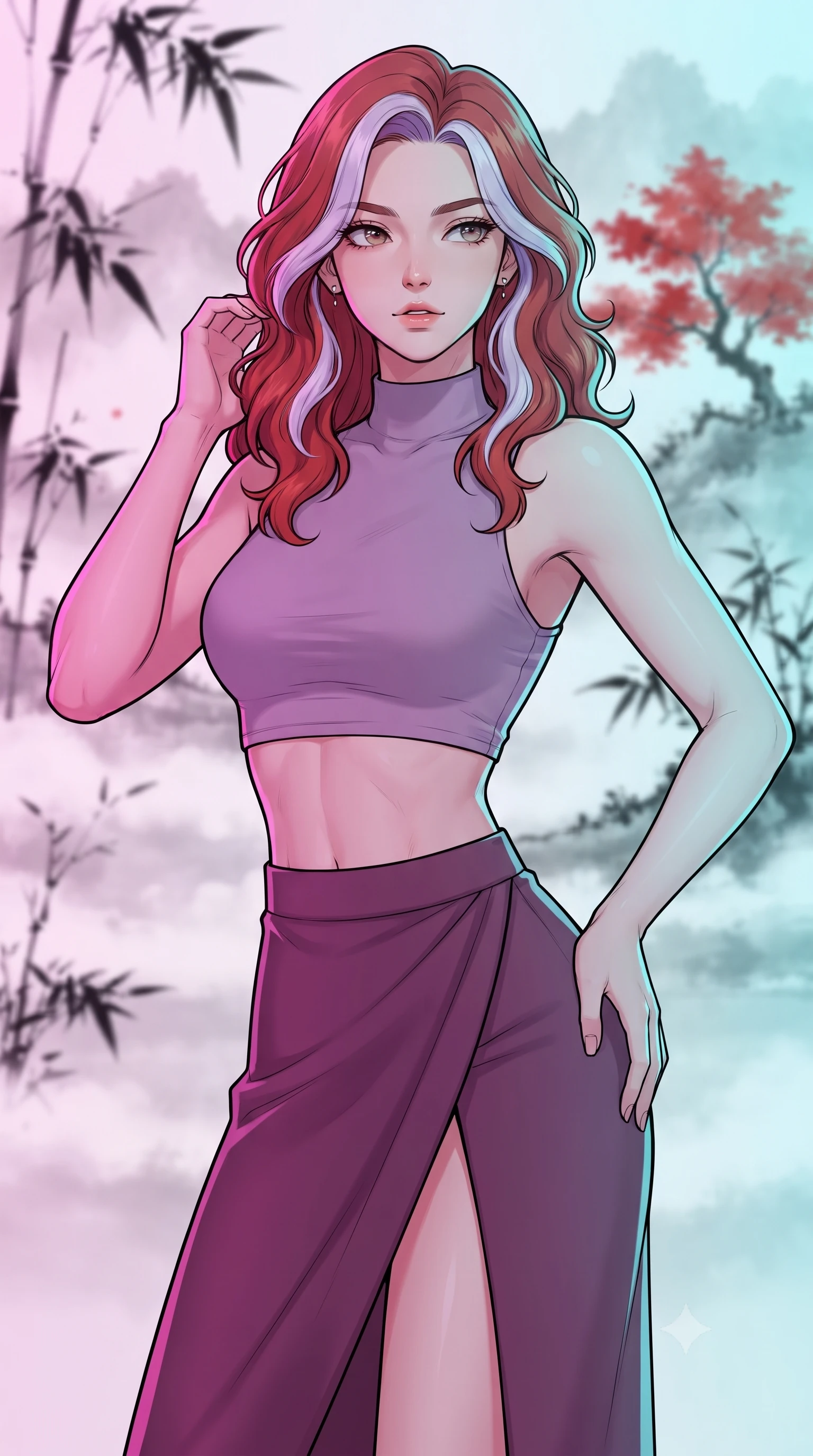 score_9, masterpiece, best quality, ultra-detailed, high-budget anime keyframe, gorgeous anime illustration, with clean line-art and distinct ink outlines, Caucasian woman, strictly human ears. close-up cowboy shot from the waist and thighs up, the character dominates the composition, filling the frame with her large presence, background elements kept in soft focus. Gazing past the camera with an air of effortless superiority. set against a soft-focus background of standing in a valley that looks like a traditional ink-wash painting, with black bamboo silhouettes, white mist hovering in the air, and a single red maple tree providing a splash of color. She has an exceptionally elegant and slender, willowy female figure with an ultra-slim waist, a gracefully sculpted slender torso, and a refined slim physique. sharp v-shaped jawline, high-bridge nose, intricate jewel-like eyes with depth, thick eyelashes, glossy lips with a natural sheen. wearing a high-neck crop top in lavender, paired with a matching high-waisted wrap skirt in plum with a front slit. dual-tone lighting with hot magenta from the left and cool cyan from the right. 2k, ultra detail, master piece, 9:16 ratio, vibrant anime color palette, detailed cel-shading with soft gradients, rich contrast, dynamic lighting, 2d animation style
