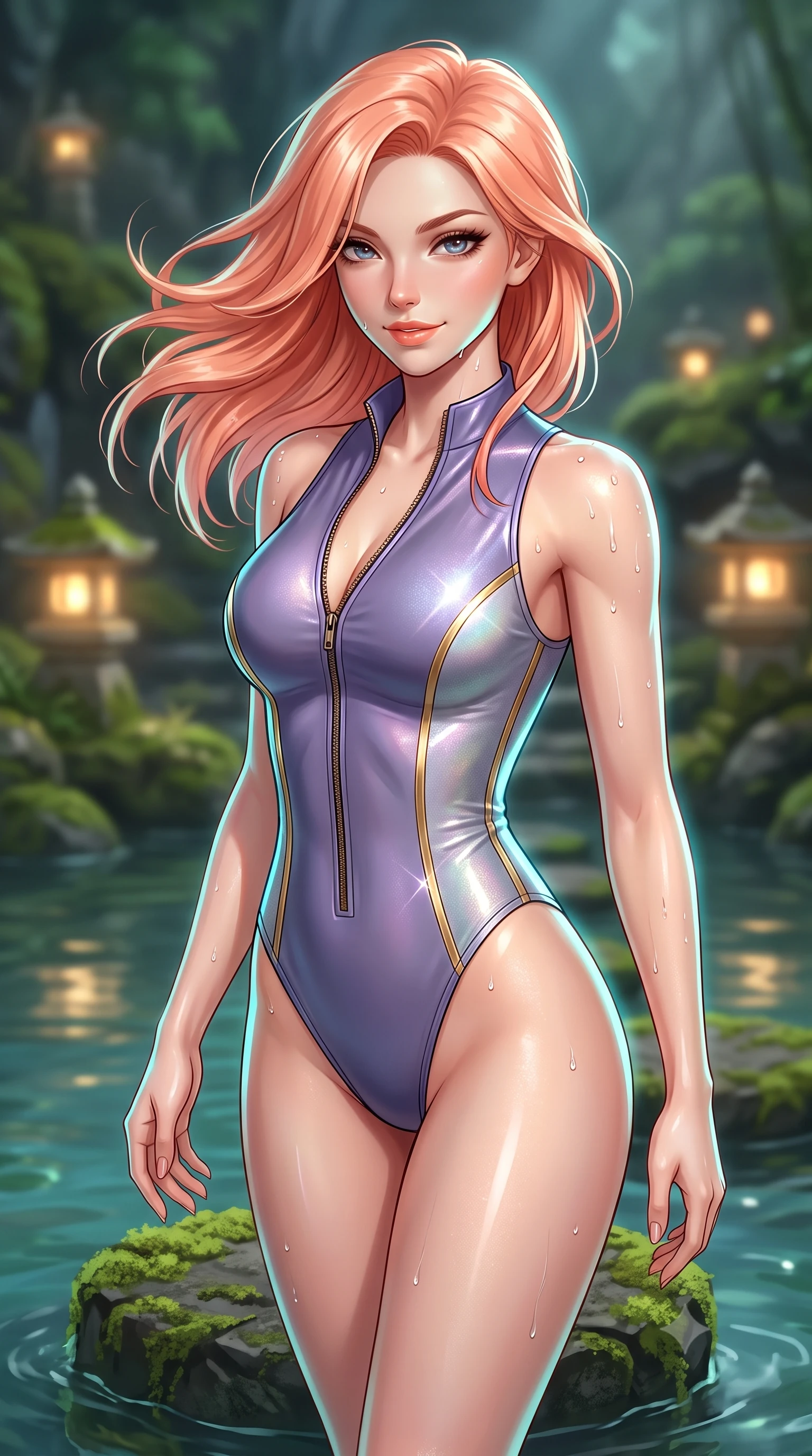 score_9, masterpiece, best quality, ultra-detailed, high-budget anime keyframe, semi-realistic 3D game render, editorial fashion photography, tasteful artistic composition, Japanese woman. close-up cowboy shot from the waist and thighs up, the character dominates the composition, filling the frame with her large presence. turning slowly with an enchanting smoldering smile, her glossy hair tossing in the breeze as her hips angle gracefully in a captivating contrapposto while standing poised on the mossy volcanic stepping stone in the natural spring lagoon, arching her back with hypnotic island siren allure. The background shows a soft-focus stone lantern glows softened in mystical Balinese sanctuary shallow focus. She has an exceptionally elegant, slender, and willowy female figure with an ultra-slim waist, flat toned midriff, narrow ribcage, and sculpted feminine hips creating an alluring, slim hourglass silhouette without bulk. sharp v-shaped jawline, high-bridge nose, sparkling eyes with hypnotic seductive depth, thick curled eyelashes, glossy parted lips with a natural dewy peach sheen, alluring bedroom-eyes with an enchanting coquettish smile, exuding magnetic siren charisma and sophisticated glamour, flawlessly proportioned anatomical accuracy, strict slender model proportions, natural body alignment, perfectly sculpted long slender limbs, ultra-slim waistline, clean dynamic posture without body distortion. wearing a form-contouring wet-look neoprene zip-front maillot with high-cut leg openings and gold racing side trims in dusk lavender and iridescent silver, woven from stretch metallic lurex jersey casting radiant starlight glints across her silhouette, finished with glistening drops of hot spring or lagoon water beading across her sculpted shoulders and collarbones, the form-contouring silhouette accentuating her sculpted flat midriff, narrow delicate ribcage, and gracefully curvy hips with intoxicating allure. illuminated by spring water specular reflections and sharp platinum-turquoise rim lights sculpting her jawline, flat midriff, and curvy hips. highly saturated vibrant anime colors, detailed shading with soft gradients, rich glossy textures, high-contrast stereoscopic depth, volumetric dynamic lighting, master piece, 9:16 ratio