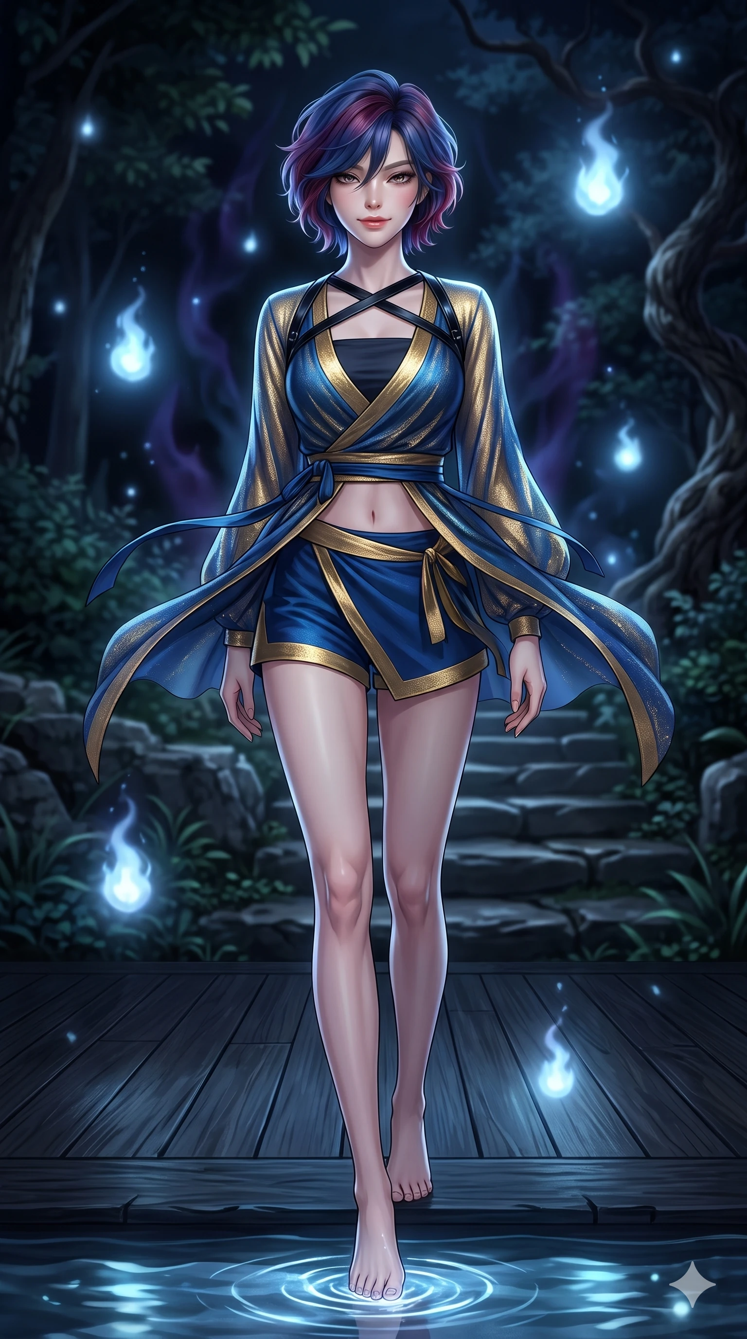 score_9, masterpiece, best quality, ultra-detailed, high-budget anime keyframe, semi-realistic 3D game render, editorial fashion photography, tasteful artistic composition, Korean woman. low angle full-body shot from head to toe showing her feet, filling the entire 9:16 vertical frame with her statuesque presence, stretching her vertical silhouette. striding across the moonlit timber deck as nocturnal breezes whip her garments open, accentuating her long slender legs and curvy hips while standing poised in the mirror-smooth shallows, looking into the camera with heavy-lidded sparkling eyes and parted glossy lips. The background shows a soft-focus sacred secluded mountain spring softened in nocturnal fantasy shallow focus. She has an absolutely perfect, statuesque 8.5-heads proportion, an exceptionally tall and slender model-like female figure with impossibly long slender legs, an ultra-slim waist, a flat toned midriff, narrow delicate ribcage, and beautifully sculpted feminine hips creating a graceful, slim hourglass silhouette without any bulky heaviness. sharp v-shaped jawline, high-bridge nose, sparkling eyes with hypnotic seductive depth, thick curled eyelashes, glossy parted lips with a natural dewy peach sheen, alluring bedroom-eyes with an enchanting coquettish smile, exuding magnetic siren charisma and sophisticated glamour, flawlessly proportioned anatomical accuracy, strict slender model proportions, natural body alignment, perfectly sculpted long slender limbs, ultra-slim waistline, clean dynamic posture without body distortion. wearing a deep V-neck wrap jeogori blouse layered over an opaque silk bandeau and high-waisted wrap shorts in deep ocean cobalt and shimmering gold leaf, woven from metallic lurex thread casting radiant starlight glints across her silhouette, featuring an open-back criss-cross harness strap in patent black leather, the impeccably tailored cut draping gracefully along her slender figure with aristocratic eastern poise. surrounded by a mysterious dark spiritual aura with pale blue floating spirit fires and cool moonlight. highly saturated vibrant anime colors, detailed shading with soft gradients, rich glossy textures, high-contrast stereoscopic depth, volumetric dynamic lighting, master piece, 9:16 ratio