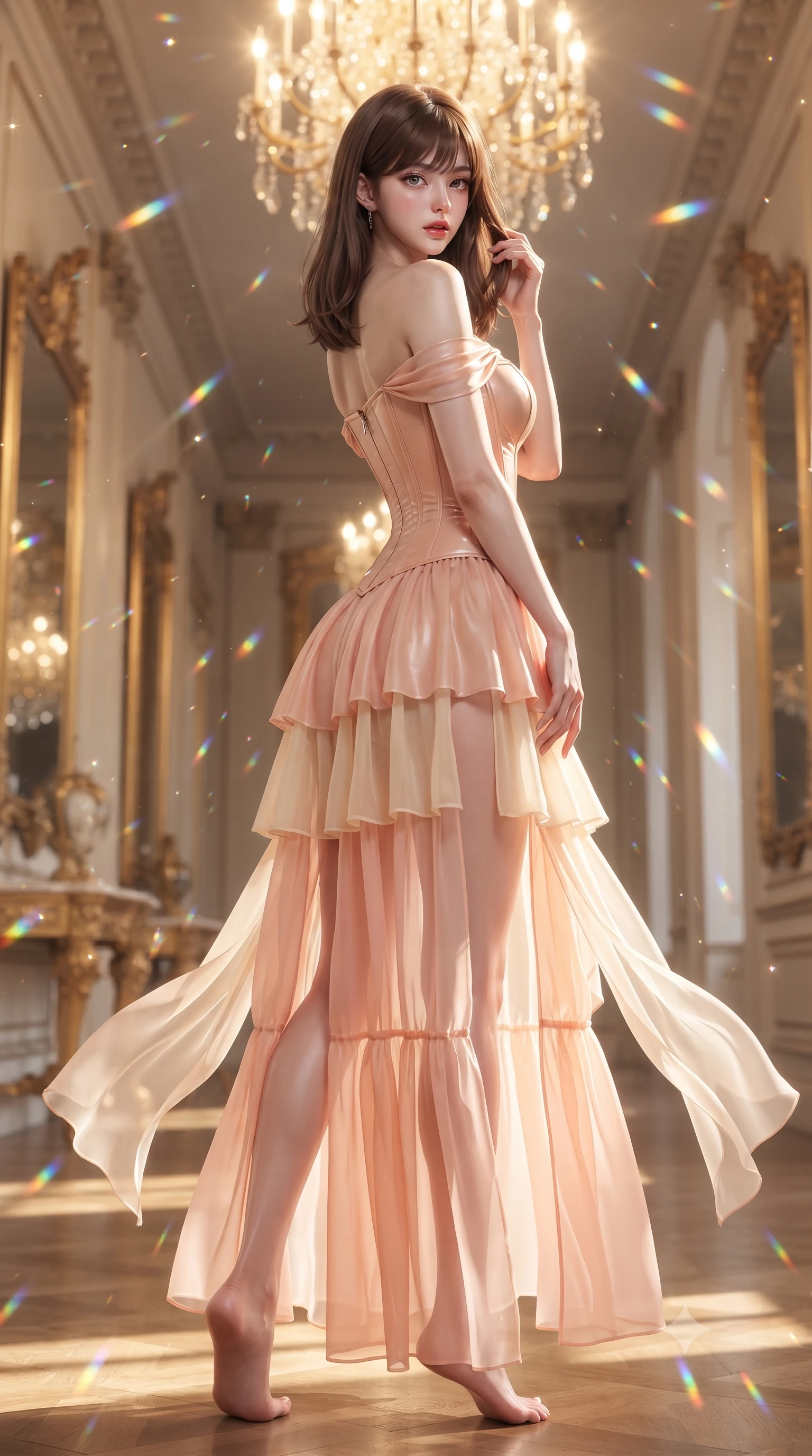 score_9, masterpiece, best quality, ultra-detailed, high-budget anime keyframe, editorial fashion photography, tasteful artistic composition, Korean woman. low angle full-body shot from head to toe showing her feet, filling the entire 9:16 vertical frame with her statuesque presence, stretching her vertical silhouette. posing with back turned slightly to the lens, glancing back with smoldering allure as she arches her lower back to emphasize her sculpted feminine hips and slender waist while gliding down the mirror-lined corridor with supermodel momentum, pivoting gracefully as infinite reflections multiply her curvy silhouette. The composition keeps background elements in soft focus with creamy bokeh. sparkling chandelier prism refractions scattering dancing rainbow light motes across the hall. She has an absolutely perfect, statuesque 8.5-heads proportion, an exceptionally tall and slender model-like female figure with impossibly long slender legs, a toned flat midriff, an ultra-slim waist, and beautifully sculpted feminine hips. sharp v-shaped jawline, high-bridge nose, intricate jewel-like eyes with depth, thick eyelashes, glossy parted lips with a natural sheen, intensely captivating and seductive bedroom-eyes expression, flawlessly proportioned anatomical accuracy, strict slender model proportions, natural body alignment, perfectly sculpted long slender limbs, ultra-slim waistline, clean dynamic posture without body distortion. wearing an off-shoulder French court corset bodice dress paired with a tiered translucent chiffon slit skirt in soft peach blossom pink and warm cream, crafted from second-skin supple lambskin leather with specular sheen, finished with sheer floating train panels fluttering behind her in the mirrored hall, the form-contouring material adhering flawlessly to her sculpted flat midriff and slender torso, emphasizing her long leg lines and perfectly proportioned willowy build. bathed in radiant golden chandelier illumination and multi-directional mirror reflections. ultra-reflective glossy finish, specular highlights, rich textural contrasts, high-contrast stereoscopic depth, volumetric dynamic lighting, 2k, ultra detail, master piece, 9:16 ratio