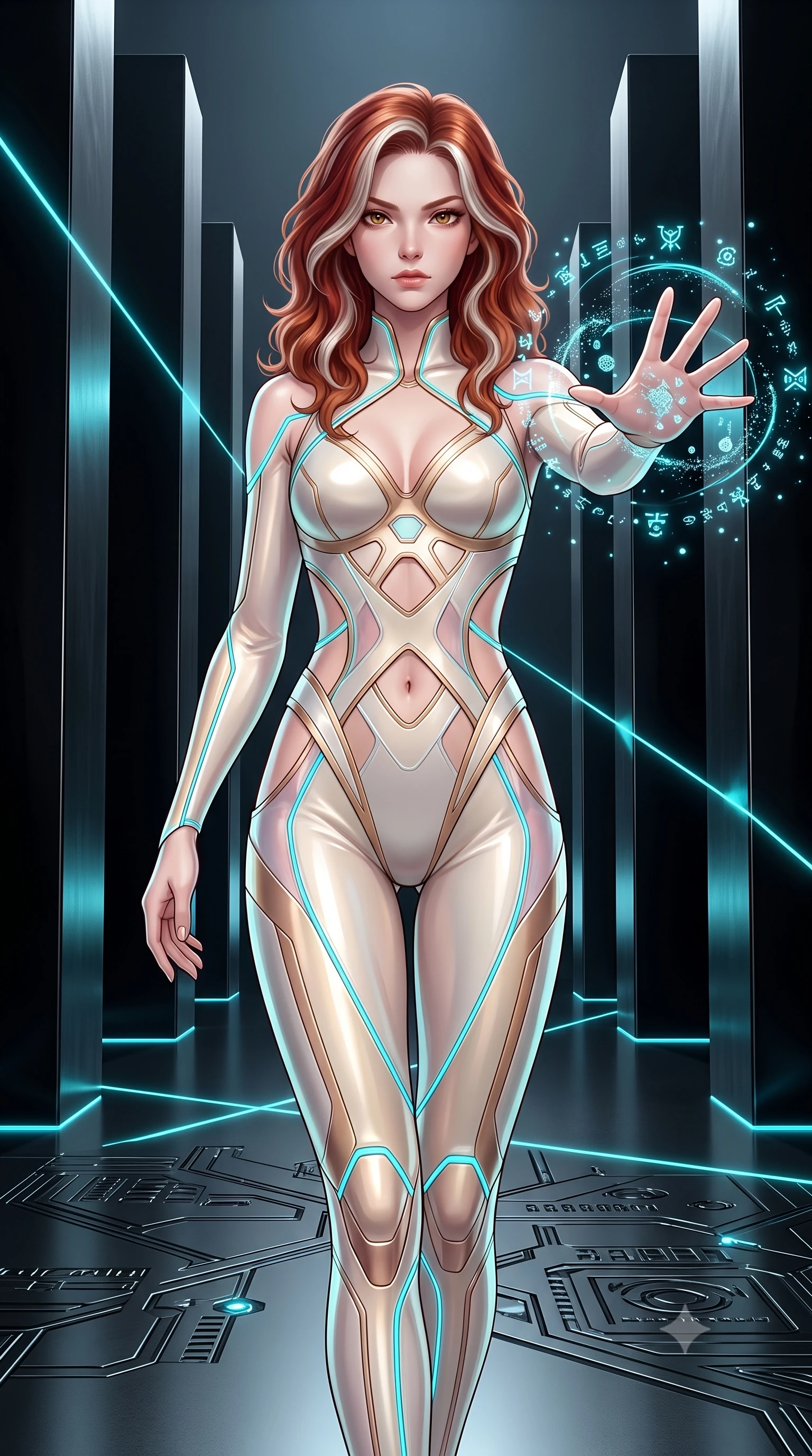 score_9, masterpiece, best quality, ultra-detailed, high-budget anime keyframe, editorial fashion photography, tasteful artistic composition, Caucasian woman. close-up cowboy shot from the waist and thighs up, the character dominates the composition, filling the frame with her large presence. extending one arm gracefully as floating holographic glyphs and nano-crystals orbit her fingertips with sovereign power while striding commanding through a minimalist hall of towering black obsidian monoliths intersected by razor-sharp cyan laser beams. The surrounding environment is rendered in vivid detail and crisp panoramic clarity. intricate cybernetic floor glyph engravings, clean architectural shadow borders, and laser nodes in high resolution. She has an exceptionally elegant, slender, and willowy female figure with an ultra-slim waist, a gracefully sculpted slender torso, toned flat midriff, and a refined slim silhouette. sharp v-shaped jawline, high-bridge nose, intricate jewel-like eyes with depth, thick eyelashes, glossy lips with a natural sheen, flawlessly proportioned anatomical accuracy, strict slender model proportions, natural body alignment, perfectly sculpted long slender limbs, ultra-slim waistline, clean dynamic posture without body distortion. wearing a second-skin white-and-gold high-fashion tech-bodysuit with diagonal midriff cutouts and glowing cyan fiber seams in sculpted rose gold and luminescent champagne ivory, crafted from delicate iridescent organza interwoven with luminescent micro-fibers, accented with glowing fiber-optic seams tracing her collarbones and hip curves, the sleek second-skin cut tightly hugging her graceful clavicle, narrow waist, and feminine curves with athletic precision. surrounded by an ultra-chic, commanding, and fiercely magnetic cyber-sovereign atmosphere. ultra-reflective glossy finish, specular highlights, dark metallic sheen, high-contrast stereoscopic depth, volumetric dynamic lighting, 2k, ultra detail, master piece, 9:16 ratio