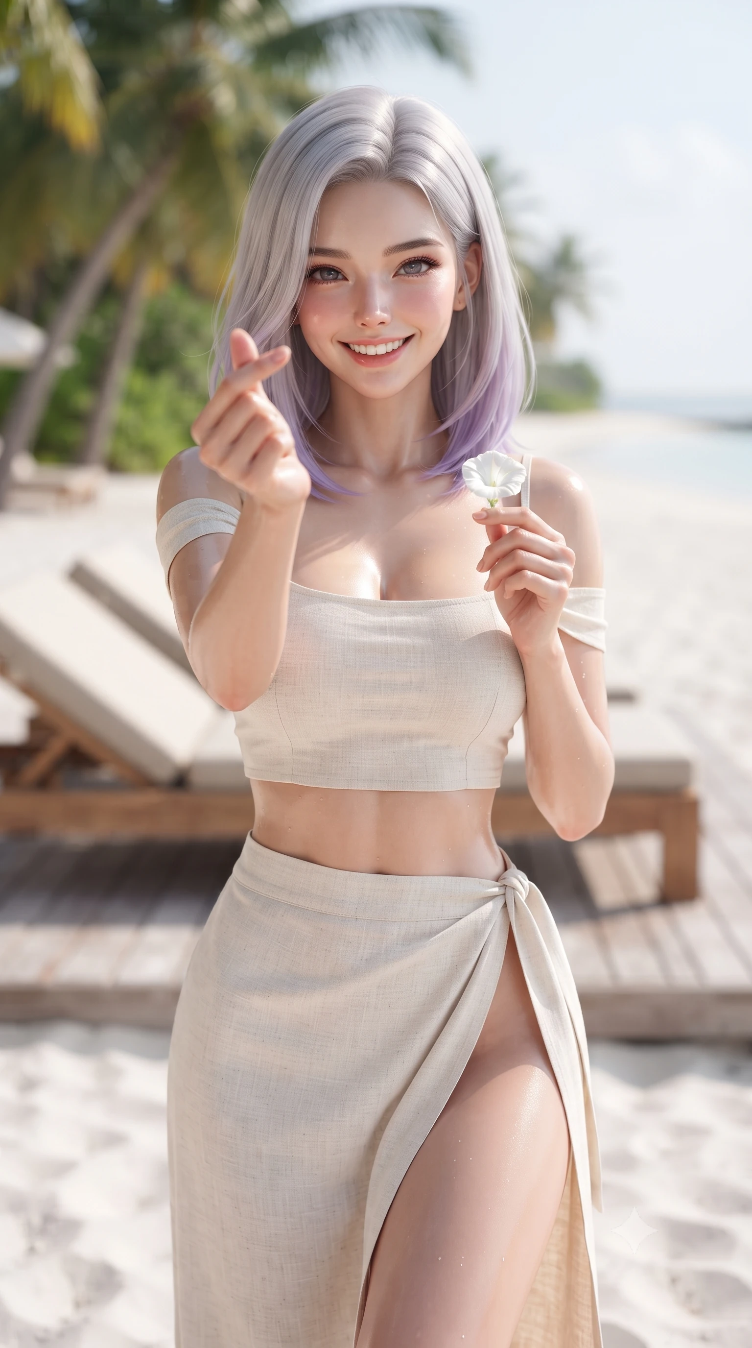 score_9, masterpiece, best quality, ultra-detailed, high-budget anime keyframe, editorial fashion photography, tasteful artistic composition, Caucasian woman. close-up cowboy shot from the waist and thighs up, the character dominates the composition, filling the frame with her large presence, background elements kept in soft focus. flashing a bright, sunny grin, holding her fingers in a cute small heart shape set against a soft-focus background of on a wooden sunbed deck built directly on the sandy beach under palms holding a small white flower from a beach vine with a lovely smile. She has an exceptionally elegant, slender, and willowy female figure with an ultra-slim waist, a gracefully sculpted slender torso, and a refined silhouette. sharp v-shaped jawline, high-bridge nose, intricate jewel-like eyes with depth, thick eyelashes, glossy lips with a natural sheen. wearing body-hugging stylish crop top paired with a high-slit linen wrap skirt. bright midday sun highlighting the white sand in a high-key clean glow. ultra-reflective glossy finish, specular highlights, metallic sheen, high-contrast stereoscopic depth, volumetric dynamic lighting, 2k, ultra detail, master piece, 9:16 ratio