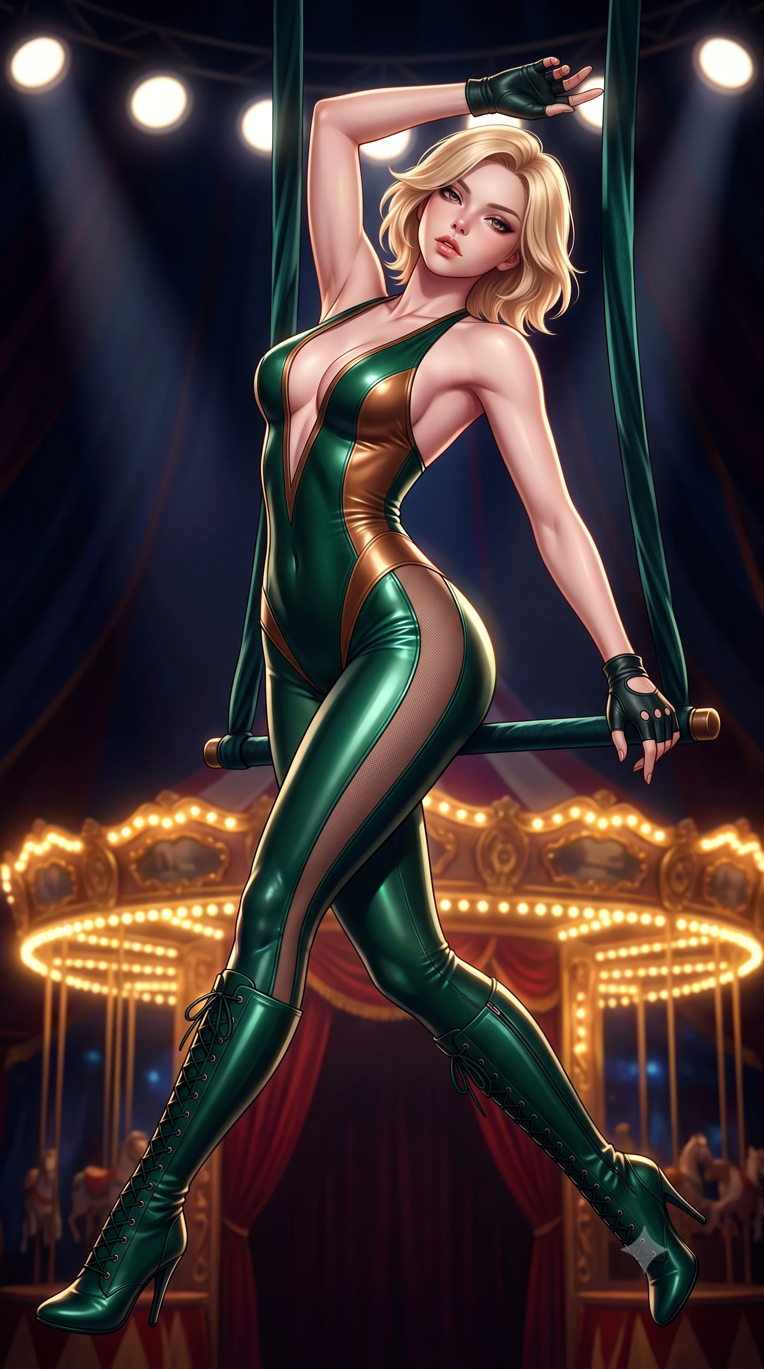 score_9, masterpiece, best quality, ultra-detailed, high-budget anime keyframe, semi-realistic 3D game render, editorial fashion photography, tasteful artistic composition, Caucasian woman. close-up cowboy shot from the waist and thighs up, the character dominates the composition, filling the frame with her large presence. leaning back with relaxed seductive grace, her sculpted collarbones and narrow waist highlighted as she casts smoldering bedroom-eyes directly into the camera while hanging suspended from an aerial velvet trapeze bar, arching her spine in a breathtaking dancer line with one leg extended as spotlights trace her curvy hips. The surrounding environment is rendered in vivid detail and crisp panoramic clarity. intense theatrical chiaroscuro and decadent dark carnival aesthetics rendered with precision. She has an exceptionally elegant, slender, and willowy female figure with an ultra-slim waist, a gracefully sculpted slender torso, toned flat midriff, and rounded feminine hips creating an alluring hourglass silhouette. sharp v-shaped jawline, high-bridge nose, intricate jewel-like eyes with depth, thick eyelashes, glossy parted lips with a natural sheen, intensely captivating and seductive bedroom-eyes expression, flawlessly proportioned anatomical accuracy, strict slender model proportions, natural body alignment, perfectly sculpted long slender limbs, ultra-slim waistline, clean dynamic posture without body distortion. wearing a plunging-V neckline circus trapeze unitard with sheer mesh side panels tracing the full curve of her hip in deep emerald green and liquid bronze, tailored from second-skin aerodynamic stretch vinyl with specular sheen, accessorized with knee-high stiletto lace-up boots and fingerless leather gloves, the glove-like aerodynamic silhouette tightly following the natural contour of her hips and long slender legs with statuesque precision. bathed in dramatic overhead circular spotlight beams and warm golden carousel perimeter glow. highly saturated vibrant anime colors, detailed shading with soft gradients, rich glossy textures, high-contrast stereoscopic depth, volumetric dynamic lighting, master piece, 9:16 ratio