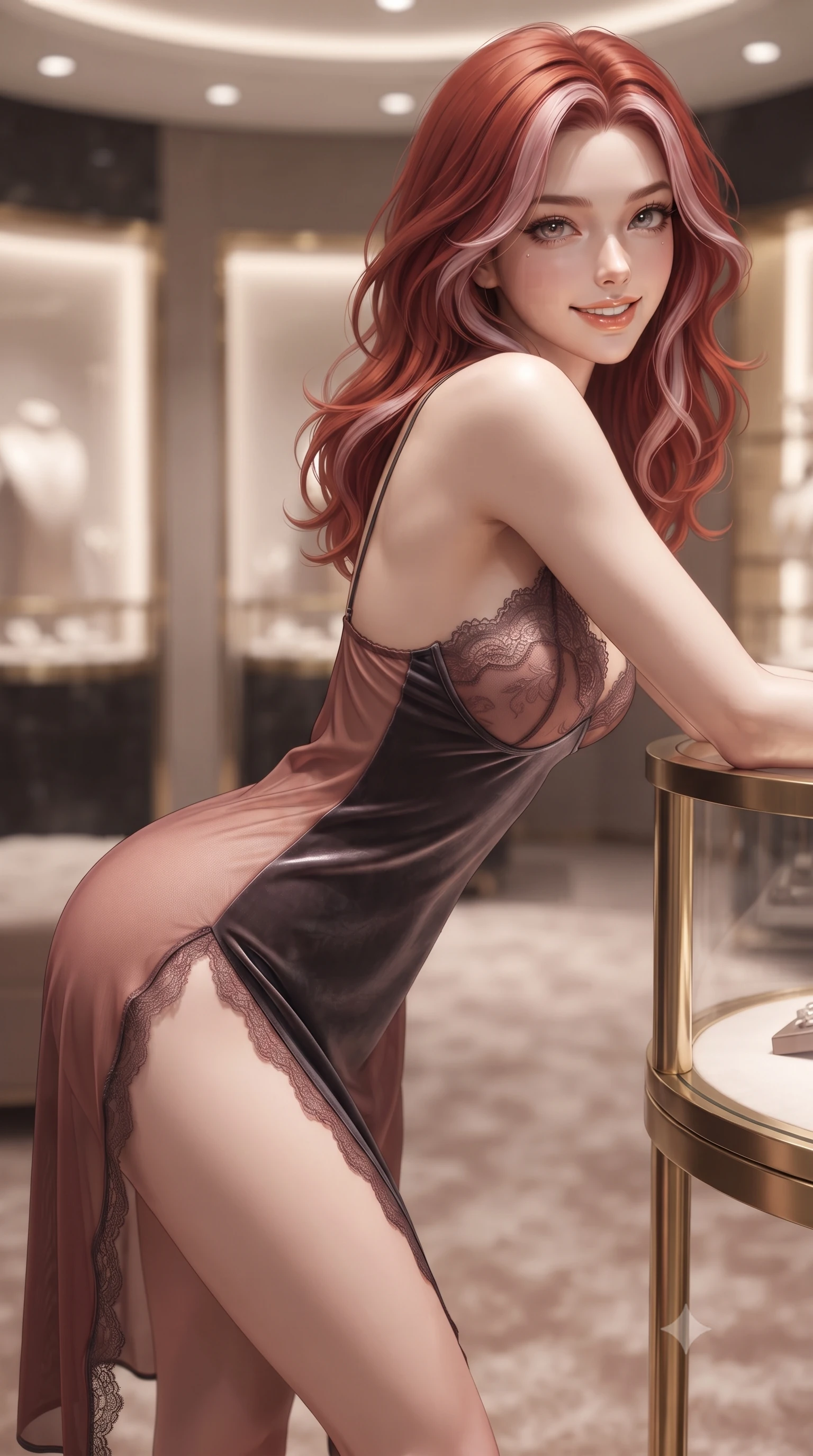 score_9, masterpiece, best quality, ultra-detailed, high-budget anime keyframe, editorial fashion photography, tasteful artistic composition, Caucasian woman. close-up cowboy shot from the waist and thighs up, the character dominates the composition, filling the frame with her large presence. leaning forward while arching her lower back to accentuate her curvy hips, looking into the camera with an intoxicating smoldering gaze and bedroom-eyes while leaning against the polished brass vitrine frame with hips cocked back, looking over a bare shoulder with an irresistible bedroom-gaze. The background shows a soft-focus plush silk carpeting softened in ultra-exclusive high-fashion dressing suite shallow focus. She has an exceptionally elegant, slender, and willowy female figure with an ultra-slim waist, flat toned midriff, narrow ribcage, and sculpted feminine hips creating an alluring, slim hourglass silhouette without bulk. sharp v-shaped jawline, high-bridge nose, intricate jewel-like sparkling eyes with depth, thick eyelashes, glossy parted lips with a natural peach sheen, bright cheerful beaming smile with an enchanting and coquettish sensual glint, exuding both youthful cute charm and seductive allure, flawlessly proportioned anatomical accuracy, strict slender model proportions, natural body alignment, perfectly sculpted long slender limbs, ultra-slim waistline, clean dynamic posture without body distortion. wearing an alluring sheer silk chiffon slip with delicate eyelash lace cups and high side leg slits in sultry copper rose and deep shadow charcoal, tailored from ultra-plush silk velvet with rich tactile depth and deep shadow gradients, finished with scalloped eyelash lace trim framing her sweetheart neckline with intimate elegance, the second-skin tailored fabric adhering flawlessly to her sculpted flat midriff and slender torso, emphasizing her long leg lines and perfectly proportioned willowy build. bathed in soft 3000K cove downlights and radiant vitrine display backlights. ultra-reflective glossy finish, specular highlights, rich textural contrasts, high-contrast stereoscopic depth, volumetric dynamic lighting, 2k, ultra detail, master piece, 9:16 ratio