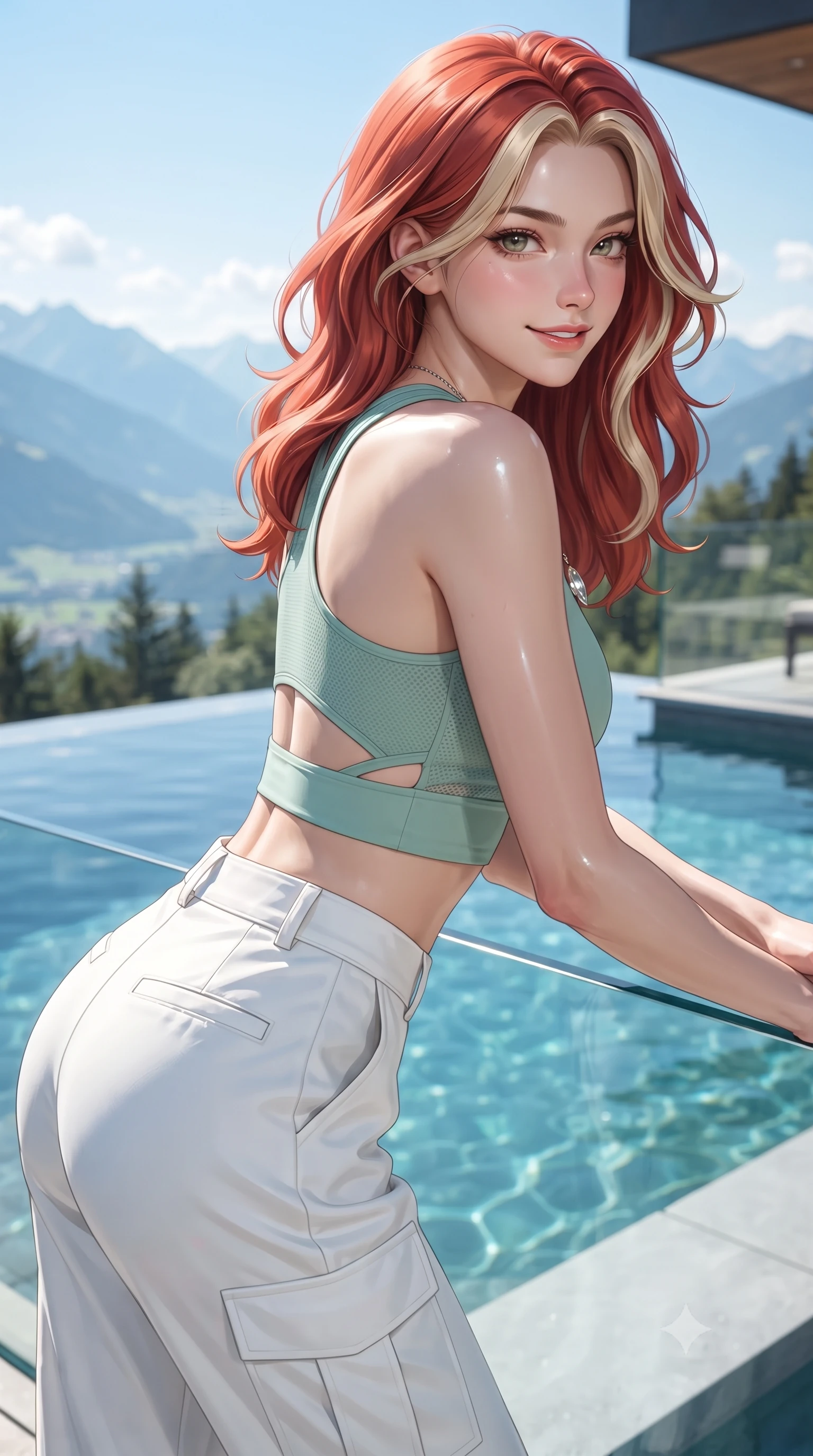 score_9, masterpiece, best quality, ultra-detailed, high-budget anime keyframe, editorial fashion photography, tasteful artistic composition, Caucasian woman. close-up cowboy shot from the waist and thighs up, the character dominates the composition, filling the frame with her large presence. turning over a bare shoulder with an intoxicating, teasing smile, her soft hair framing her sharp jawline as she looks back while leaning forward over the crystal infinity barrier with hips cocked, looking back with a playful, teasing smile. The surrounding environment is rendered in vivid detail and crisp panoramic clarity. sparkling high-key natural chiaroscuro and luxury high-altitude botanical architecture in precision. She has an exceptionally elegant, slender, and willowy female figure with an ultra-slim waist, a gracefully sculpted slender torso, toned flat midriff, and a refined slim silhouette. sharp v-shaped jawline, high-bridge nose, intricate jewel-like eyes with depth, thick eyelashes, glossy parted lips with a natural sheen, intensely captivating and seductive expression, flawlessly proportioned anatomical accuracy, strict slender model proportions, natural body alignment, perfectly sculpted long slender limbs, ultra-slim waistline, clean dynamic posture without body distortion. wearing an aerodynamic eco-chic racerback crop tank with high-waisted white utility trousers in eucalyptus mint green and pale peach, tailored from lightweight performance eco-mesh with breathable cutouts, complemented by a dainty solar crystal pendant resting near her collarbone, the breezy yet form-flattering drape swaying gracefully with her steps, accentuating her long willowy limbs and ultra-slim waistline. surrounded by a fresh, captivating, and delightfully invigorating summer muse aura. ultra-reflective glossy finish, specular highlights, rich textural contrasts, high-contrast stereoscopic depth, volumetric dynamic lighting, 2k, ultra detail, master piece, 9:16 ratio
