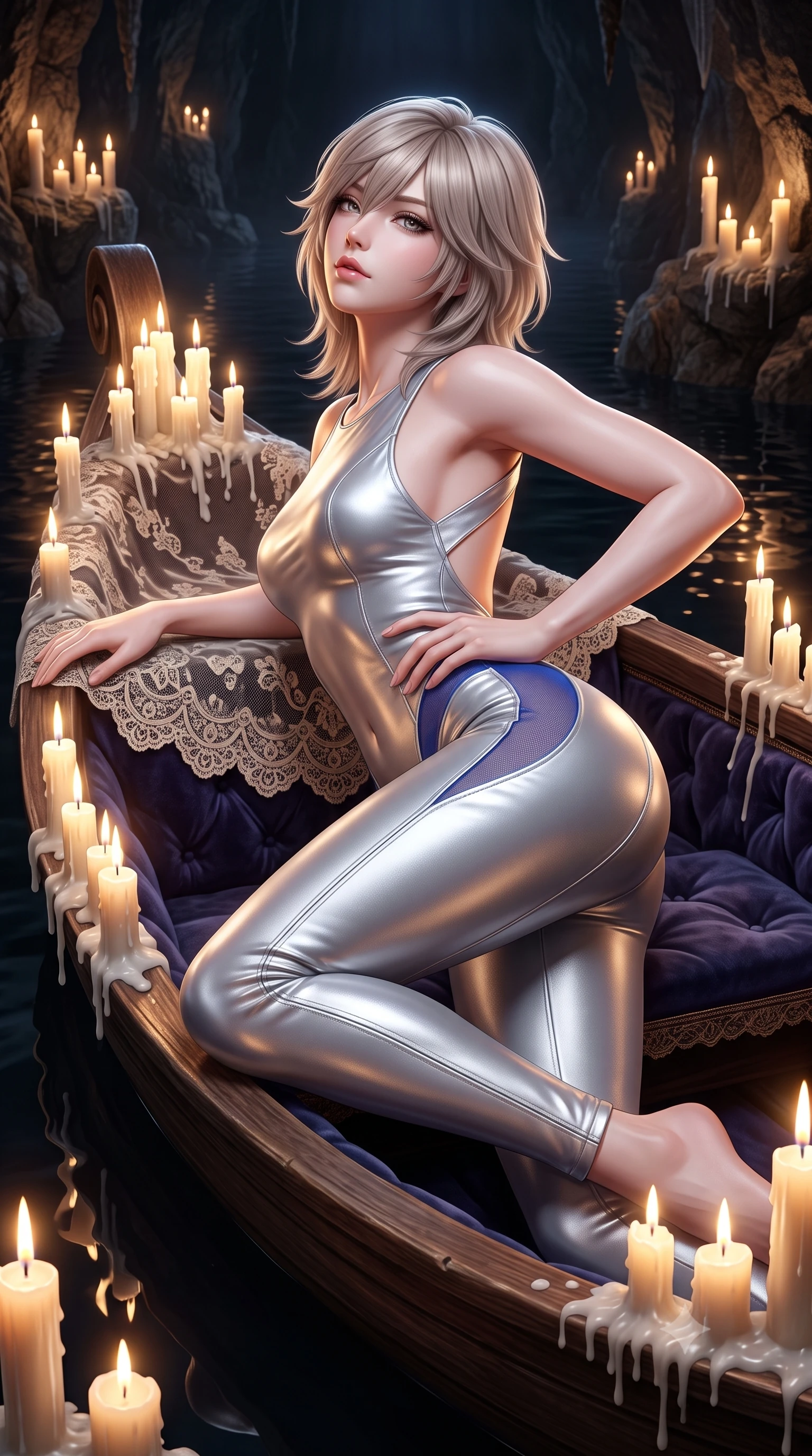 score_9, masterpiece, best quality, ultra-detailed, high-budget anime keyframe, semi-realistic 3D game render, editorial fashion photography, tasteful artistic composition, Japanese woman. close-up cowboy shot from the waist and thighs up, the character dominates the composition, filling the frame with her large presence. tilting her chin up with proud, sovereign allure while gazing through thick eyelashes, one hand resting on her waist in pure supermodel charisma while reclining languidly on an antique velvet-lined skiff floating on the subterranean black lake, arching her spine with one knee bent as candlelight traces her curvy hips. The surrounding environment is rendered in vivid detail and crisp panoramic clarity. detailed antique lace embroidery, mirror bevel clarity, and dripping candle wax beads in high clarity. She has an exceptionally elegant, slender, and willowy female figure with an ultra-slim waist, flat toned midriff, narrow ribcage, and sculpted feminine hips creating an alluring, slim hourglass silhouette without bulk. sharp v-shaped jawline, high-bridge nose, intricate jewel-like eyes with depth, thick eyelashes, glossy parted lips with a natural sheen, intensely captivating and seductive bedroom-eyes expression, flawlessly proportioned anatomical accuracy, strict slender model proportions, natural body alignment, perfectly sculpted long slender limbs, ultra-slim waistline, clean dynamic posture without body distortion. wearing a liquid-silver aerodynamic space-couture catsuit with an open scooped back and sheer contouring mesh hip panels in royal sapphire blue and brushed platinum, formed from supple second-skin lambskin leather with specular sheen, finished with criss-cross back satin straps highlighting her graceful shoulder blades, the second-skin form-contouring cut accentuating her sculpted flat midriff, narrow delicate ribcage, and gracefully curvy hips with supermodel precision. surrounded by an immortal, seductive, and dangerously mesmerizing underground opera queen aura. highly saturated vibrant anime colors, detailed shading with soft gradients, rich glossy textures, high-contrast stereoscopic depth, volumetric dynamic lighting, master piece, 9:16 ratio