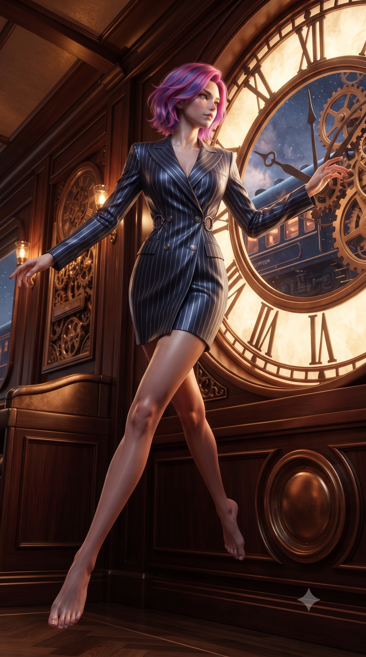 score_9, masterpiece, best quality, ultra-detailed, high-budget anime keyframe, editorial fashion photography, tasteful artistic composition, Caucasian woman. low angle full-body shot from head to toe showing her feet, filling the entire 9:16 vertical frame with her statuesque presence, stretching her vertical silhouette. leaping gracefully through the environment with statuesque elegance and long slender legs gazing out a massive circular clock window at a twilight galaxy express train, rich mahogany and polished bronze textures reflecting warm hearth light. She has an absolutely perfect, statuesque 8.5-heads proportion, an exceptionally tall and slender model-like female figure with impossibly long slender legs and an ultra-slim waist. sharp v-shaped jawline, high-bridge nose, intricate jewel-like eyes with depth, thick eyelashes, glossy lips with a natural sheen. wearing a double-breasted blazer dress with metallic pin-stripes in midnight navy blue and chrome trim, crafted from smooth liquid silk, accented with delicate chrome ring hardware framing her waist, the elegant draped fit framing her graceful clavicle and slender torso. illuminated by a brilliant golden hour glow filtering through clockwork dials. ultra-reflective glossy finish, specular highlights, metallic sheen, high-contrast stereoscopic depth, volumetric dynamic lighting, 2k, ultra detail, master piece, 9:16 ratio