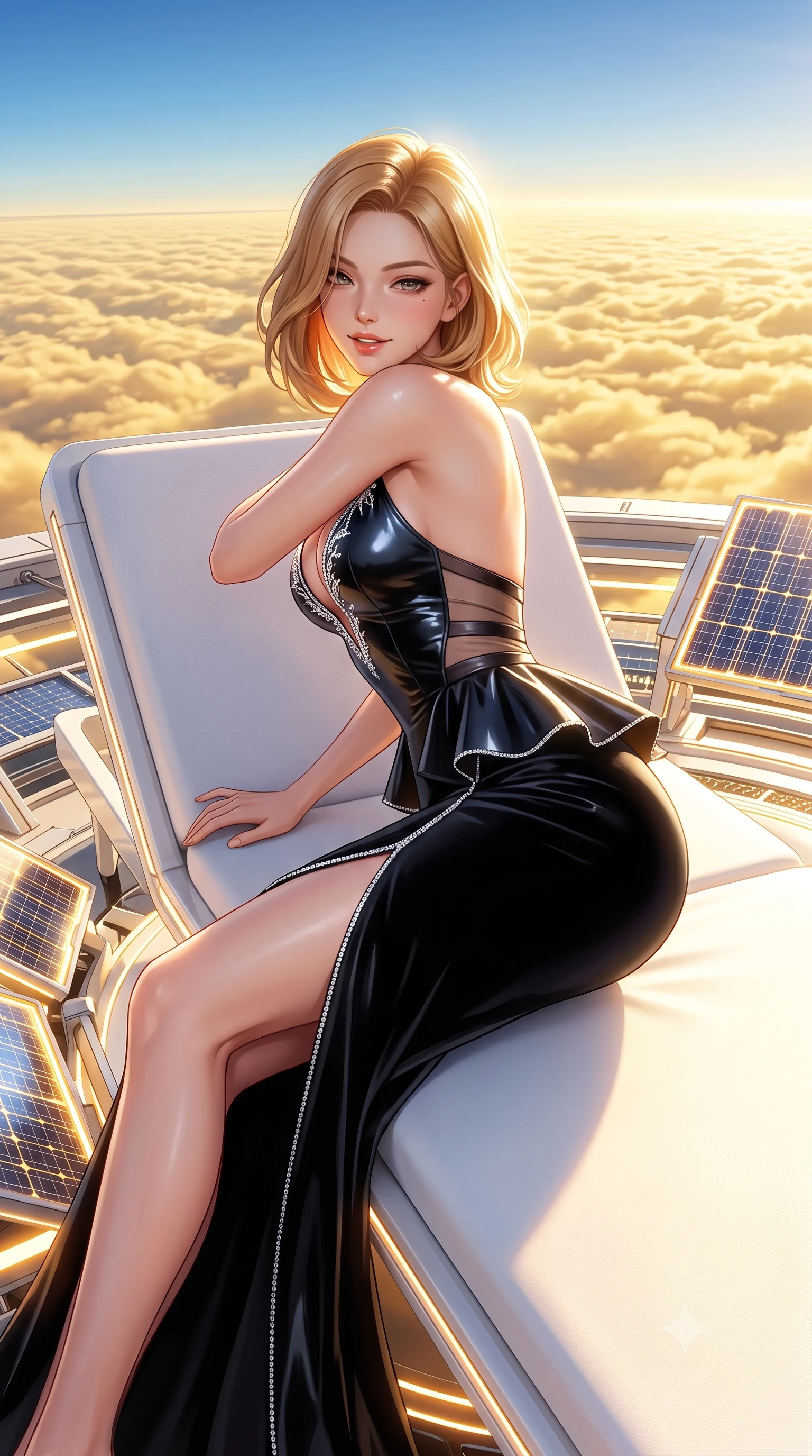 score_9, masterpiece, best quality, ultra-detailed, high-budget anime keyframe, semi-realistic 3D game render, editorial fashion photography, tasteful artistic composition, Korean woman. close-up cowboy shot from the waist and thighs up, the character dominates the composition, filling the frame with her large presence. turning over a bare shoulder with an intoxicating, teasing smile, her soft hair framing her sharp jawline as her hips angle gracefully while reclining across a sleek white daybed surrounded by glowing solar collectors, her long slender legs and narrow waist highlighted against the golden cloud ocean. The surrounding environment is rendered in vivid detail and crisp panoramic clarity. detailed couture gown weave, intense sun specular highlights on skin, and high-altitude horizon clarity in high resolution. She has an exceptionally elegant, slender, and willowy female figure with an ultra-slim waist, flat toned midriff, narrow ribcage, and sculpted feminine hips creating an alluring, slim hourglass silhouette without bulk. sharp v-shaped jawline, high-bridge nose, intricate jewel-like eyes with depth, thick eyelashes, glossy parted lips with a natural sheen, intensely captivating and seductive bedroom-eyes expression, flawlessly proportioned anatomical accuracy, strict slender model proportions, natural body alignment, perfectly sculpted long slender limbs, ultra-slim waistline, clean dynamic posture without body distortion. wearing a structural geometric peplum gown with sheer side-ribbon cutouts and form-fitting skirt in pitch-black velvet with diamond crystal trim, tailored from second-skin aerodynamic stretch vinyl with specular wet sheen, finished with delicate crystal frost embroidery tracing the plunging neckline, the glove-like aerodynamic silhouette tightly following the natural contour of her hips and long slender legs with statuesque 8.5-heads elegance. illuminated by warm white composite floor bounce fill sharply sculpting her razor-sharp jawline, narrow waist, and curvy hips. highly saturated vibrant anime colors, detailed shading with soft gradients, rich glossy textures, high-contrast stereoscopic depth, volumetric dynamic lighting, master piece, 9:16 ratio