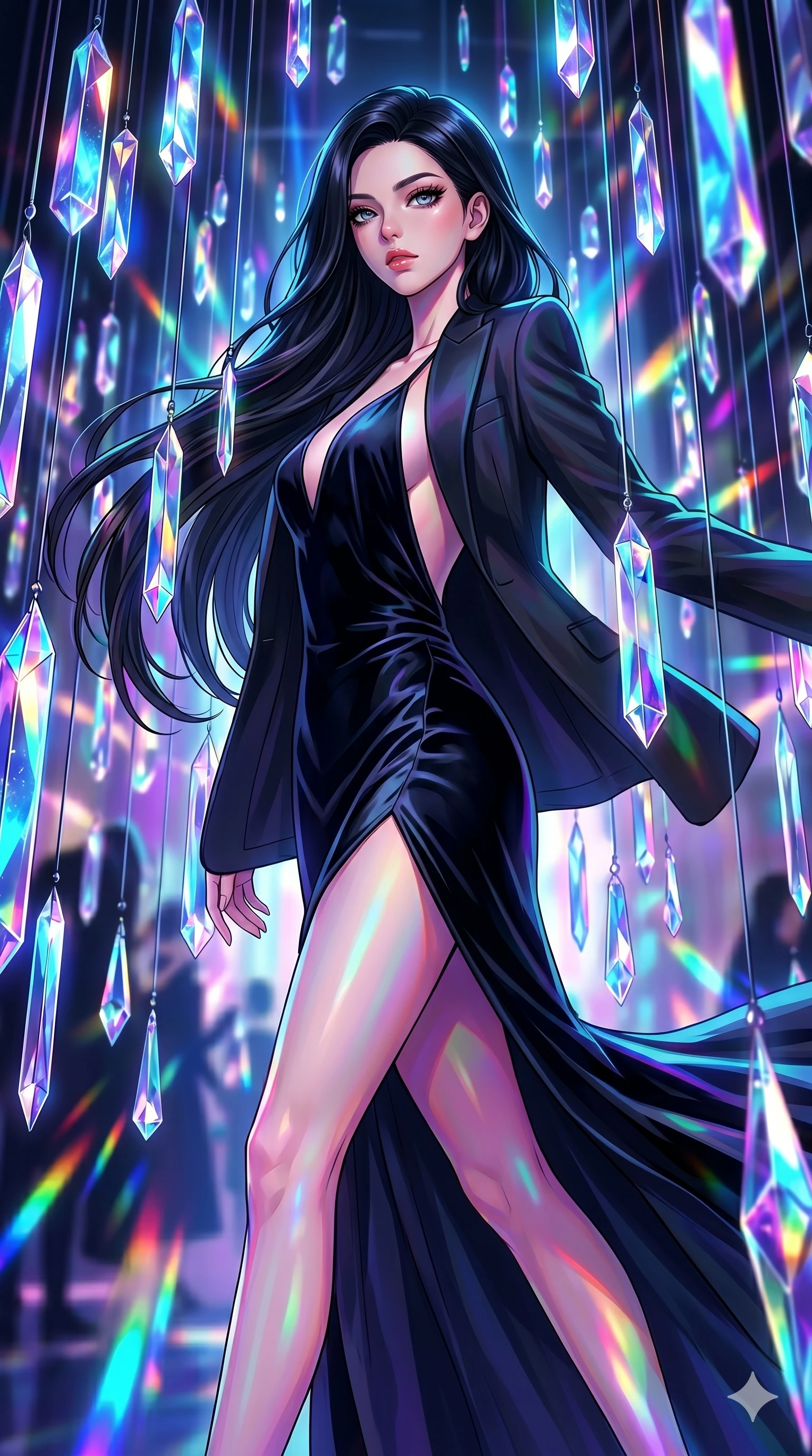score_9, masterpiece, best quality, ultra-detailed, high-budget anime movie keyframe, cinematic anime lighting, intricate line art, Caucasian (strictly human ears) anime girl. Low angle cowboy shot capturing a powerful motion and statuesque presence. twisting through a maze of hanging prisms that refract light. She has an absolutely perfect 8-heads proportion, an exceptionally tall and slender female figure with an ultra-slim waist and impossibly long slender legs. strictly human anatomy, two legs only, no extra limbs, clearly defined legs and arms, perfect anatomy, perfect hands and fingers. sharp v-shaped jawline, high-bridge nose, intricate jewel-like eyes, thick eyelashes, glossy lips. Wearing High-Fashion Editorial: Silk slip dress with high side slit, backless velvet gown, and structured blazer with nothing underneath. The scene is illuminated by dramatic atmospheric lighting and vibrant color palettes. , 2k, ultra detail, master piece, 9:16 ratio