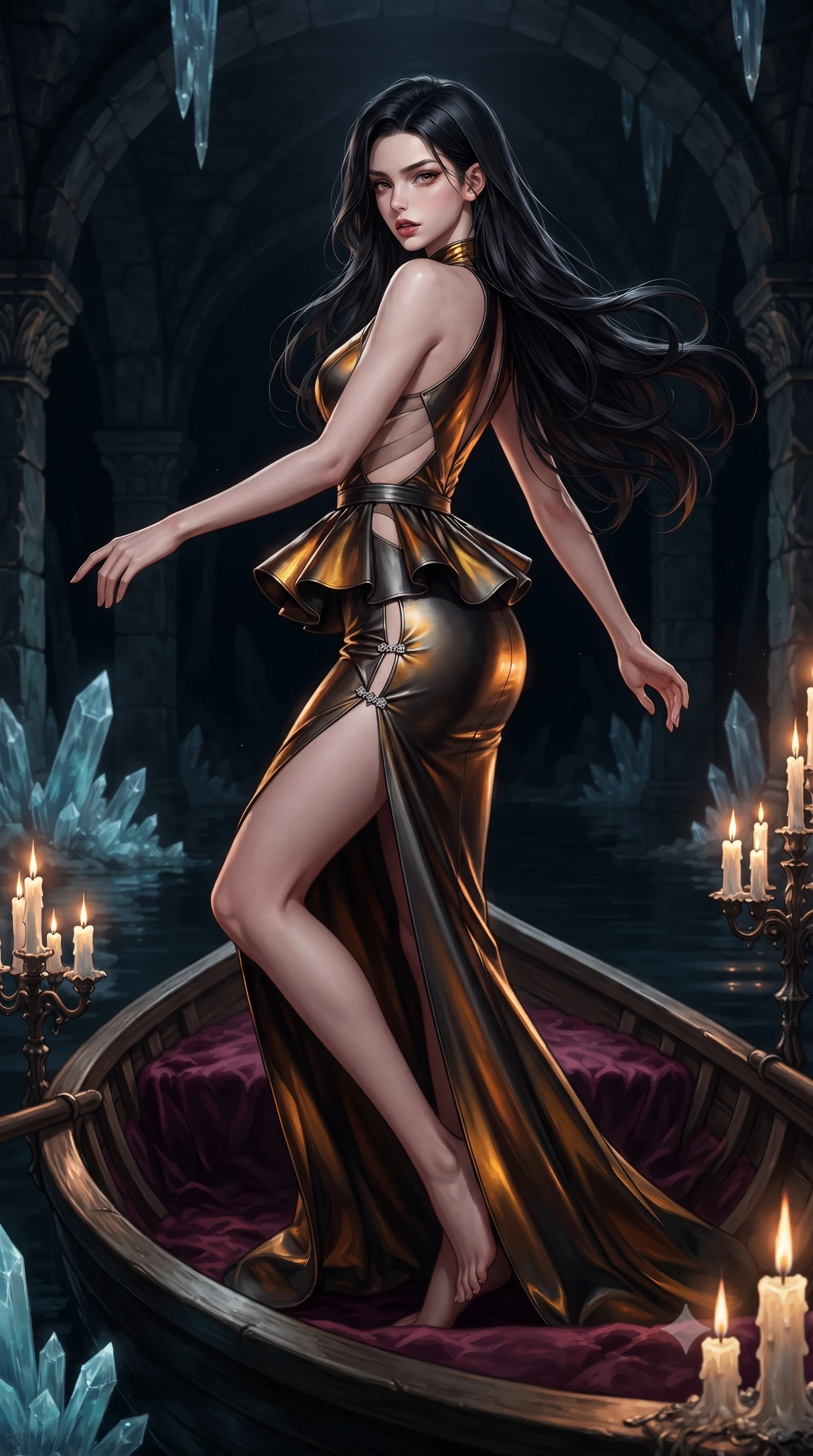 score_9, masterpiece, best quality, ultra-detailed, high-budget anime keyframe, editorial fashion photography, tasteful artistic composition, Korean woman. low angle full-body shot from head to toe showing her feet, filling the entire 9:16 vertical frame with her statuesque presence, stretching her vertical silhouette. executing an elegant mid-motion pivot turn as garments swirl around her slender limbs, glancing over her shoulder with an intoxicating bedroom-gaze while reclining languidly on an antique velvet-lined skiff floating on the subterranean black lake, arching her spine with one knee bent as candlelight traces her curvy hips. The surrounding environment is rendered in vivid detail and crisp panoramic clarity. intense theatrical chiaroscuro and decadent gothic romance aesthetics rendered with precision. She has an exceptionally tall and slender model-like 8.5-heads proportion, an ultra-slim waist, a flat toned midriff, narrow delicate ribcage, and beautifully sculpted feminine hips creating a graceful, slim hourglass silhouette without any bulky heaviness, with impossibly long slender legs. sharp v-shaped jawline, high-bridge nose, intricate jewel-like eyes with depth, thick eyelashes, glossy parted lips with a natural sheen, intensely captivating and seductive bedroom-eyes expression, flawlessly proportioned anatomical accuracy, strict slender model proportions, natural body alignment, perfectly sculpted long slender limbs, ultra-slim waistline, clean dynamic posture without body distortion. wearing a structural geometric peplum gown with sheer side-ribbon cutouts and form-fitting skirt in molten amber-gold and dark gunmetal, formed from supple second-skin lambskin leather with specular sheen, finished with an ultra-high side slit secured by miniature jeweled clasps, the glove-like aerodynamic silhouette tightly following the natural contour of her hips and long slender legs with statuesque 8.5-heads elegance. illuminated by rich specular rim lights defining her razor-sharp jawline, narrow waist, and curvy hips. ultra-reflective glossy finish, specular highlights, rich textural contrasts, high-contrast stereoscopic depth, volumetric dynamic lighting, 2k, ultra detail, master piece, 9:16 ratio