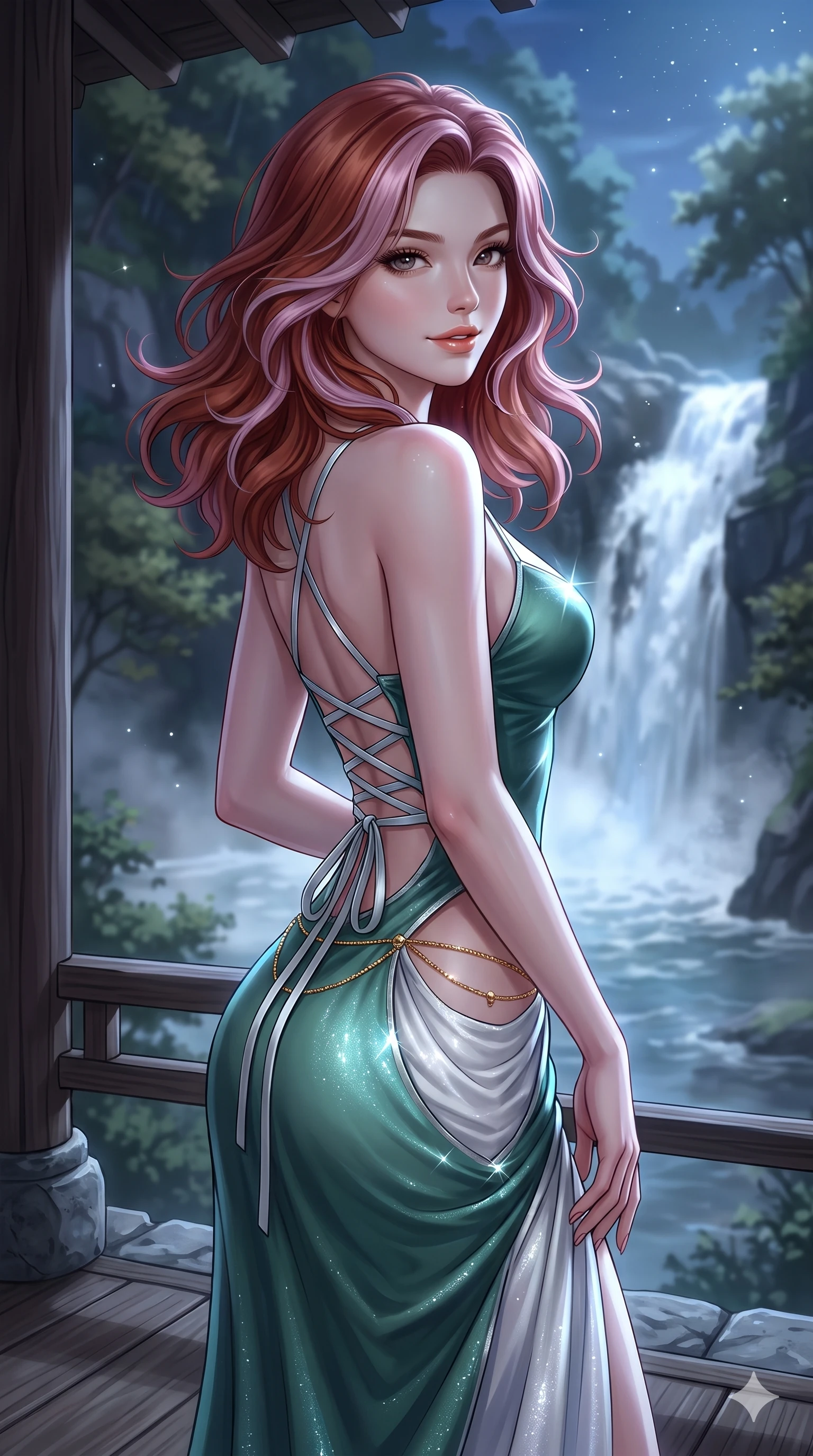 score_9, masterpiece, best quality, ultra-detailed, high-budget anime keyframe, semi-realistic 3D game render, editorial fashion photography, tasteful artistic composition, Caucasian woman. close-up cowboy shot from the waist and thighs up, the character dominates the composition, filling the frame with her large presence. turning slowly with an enchanting smoldering smile, her glossy hair tossing in the breeze as her hips angle gracefully in a captivating contrapposto while standing poised on the tea arbor terrace over the churning waterfall pool, arching her back with breathless siren grace. The background shows a soft-focus wild mountain ravine softened in natural landscape shallow focus. She has an exceptionally elegant, slender, and willowy female figure with an ultra-slim waist, flat toned midriff, narrow ribcage, and sculpted feminine hips creating an alluring, slim hourglass silhouette without bulk. sharp v-shaped jawline, high-bridge nose, sparkling eyes with hypnotic seductive depth, thick curled eyelashes, glossy parted lips with a natural dewy peach sheen, alluring bedroom-eyes with an enchanting coquettish smile, exuding magnetic siren charisma and sophisticated glamour, flawlessly proportioned anatomical accuracy, strict slender model proportions, natural body alignment, perfectly sculpted long slender limbs, ultra-slim waistline, clean dynamic posture without body distortion. wearing a slinky deep sweetheart-neckline silk slip gown with criss-cross back otgoreum ribbon ties in moonlit jade green and pure alabaster white with silver accents, woven from metallic lurex thread casting radiant starlight glints across her silhouette, finished with a dainty gold belly chain resting across her flat midriff and curving hips, the impeccably tailored cut draping gracefully along her slender figure with aristocratic eastern poise. bathed in luminous moonlight reflecting off roaring white water cascades and misty spray. highly saturated vibrant anime colors, detailed shading with soft gradients, rich glossy textures, high-contrast stereoscopic depth, volumetric dynamic lighting, master piece, 9:16 ratio