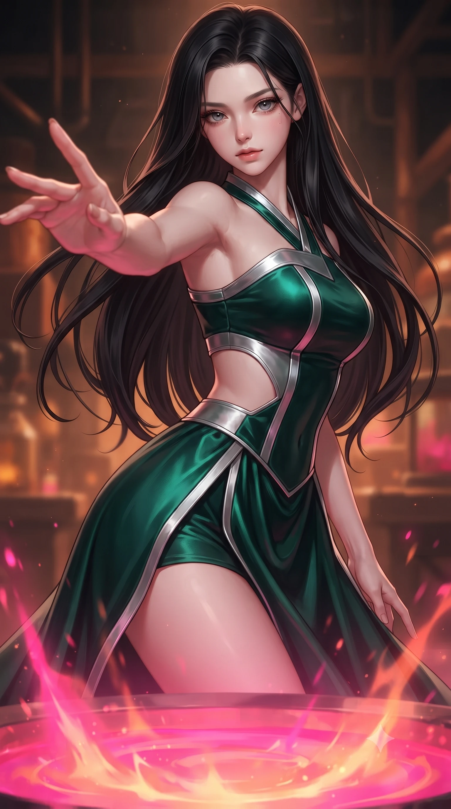 score_9, masterpiece, best quality, ultra-detailed, high-budget anime keyframe, editorial fashion photography, tasteful artistic composition, Korean woman. close-up cowboy shot from the waist and thighs up, the character dominates the composition, filling the frame with her large presence, background elements kept in soft focus. Reaching her hand gracefully toward the camera with magnetic allure, her torso turning in a dynamic S-curve alignment while pivoting dynamically with one hand extending toward the viewer in a power pose, boiling liquid aurora energy radiating intense hot pink and orange light from below. She has an exceptionally elegant, slender, and willowy female figure with an ultra-slim waist, a gracefully sculpted slender torso, and a refined silhouette. sharp v-shaped jawline, high-bridge nose, intricate jewel-like eyes with depth, thick eyelashes, glossy lips with a natural sheen, flawlessly proportioned anatomical accuracy, natural body alignment, perfectly sculpted elegant limbs, clean dynamic posture without body distortion. wearing a modern fusion silk hanbok dress with a structured bodice and flowing skirt in deep emerald green and silver accent, made of premium stretch velvet with a rich sheen, featuring clean architectural cutouts along her slender torso, the form-contouring material highlighting her ultra-slim waist and long lines. surrounded by a warm, powerful industrial alchemy atmosphere. ultra-reflective glossy finish, specular highlights, metallic sheen, high-contrast stereoscopic depth, volumetric dynamic lighting, 2k, ultra detail, master piece, 9:16 ratio