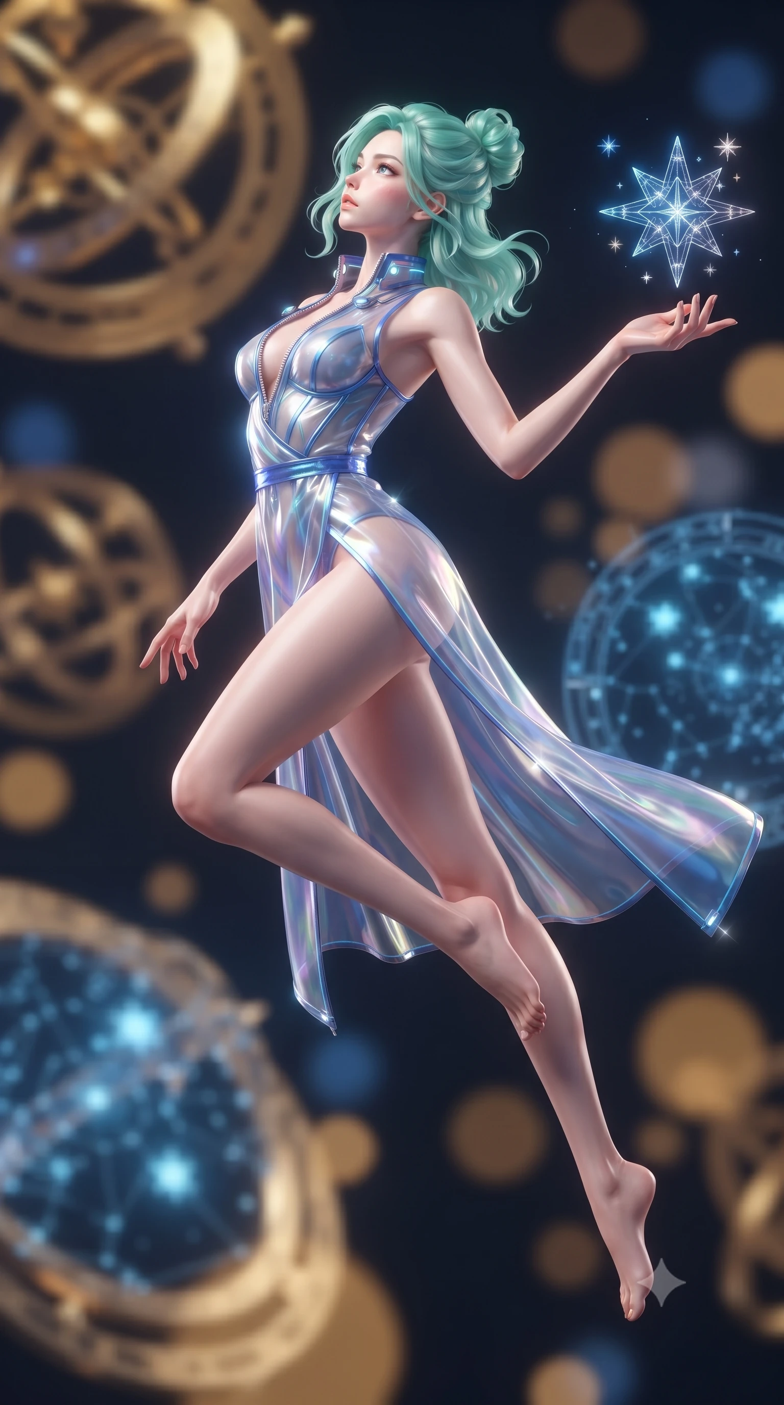 score_9, masterpiece, best quality, ultra-detailed, high-budget anime keyframe, editorial fashion photography, tasteful artistic composition, Japanese woman. low angle full-body shot from head to toe showing her feet, filling the entire 9:16 vertical frame with her statuesque presence, stretching her vertical silhouette. leaping through mid-air with an athletic yet alluring arch of her spine, her impossibly long slender legs stretched in flawless poise while reaching one arm out to touch a floating holographic star cluster while arching her back in fluid poise. The composition keeps background elements in soft focus with creamy bokeh. rotating golden astrolabe rings and glowing blue star charts blurred into rich amber and sapphire bokeh. She has an absolutely perfect, statuesque 8.5-heads proportion, an exceptionally tall and slender model-like female figure with impossibly long slender legs, a toned flat midriff, and an ultra-slim waist. sharp v-shaped jawline, high-bridge nose, intricate jewel-like eyes with depth, thick eyelashes, glossy lips with a natural sheen, flawlessly proportioned anatomical accuracy, strict slender model proportions, natural body alignment, perfectly sculpted long slender limbs, ultra-slim waistline, clean dynamic posture without body distortion. wearing a translucent iridescent organza wrap dress with structured bustier boning, plunging neckline, and high-cut dual leg slits in liquid electric cobalt blue and polished silver, tailored from semi-translucent cybernetic vinyl with glowing micro-filaments, featuring a dangerously unzipped neckline framed by glowing cybernetic accents, the sleek second-skin cut tightly hugging her graceful clavicle, narrow waist, and feminine curves with athletic precision. illuminated by glowing holographic star glyphs and crisp specular highlights on polished metal. ultra-reflective glossy finish, specular highlights, metallic sheen, high-contrast stereoscopic depth, volumetric dynamic lighting, 2k, ultra detail, master piece, 9:16 ratio
