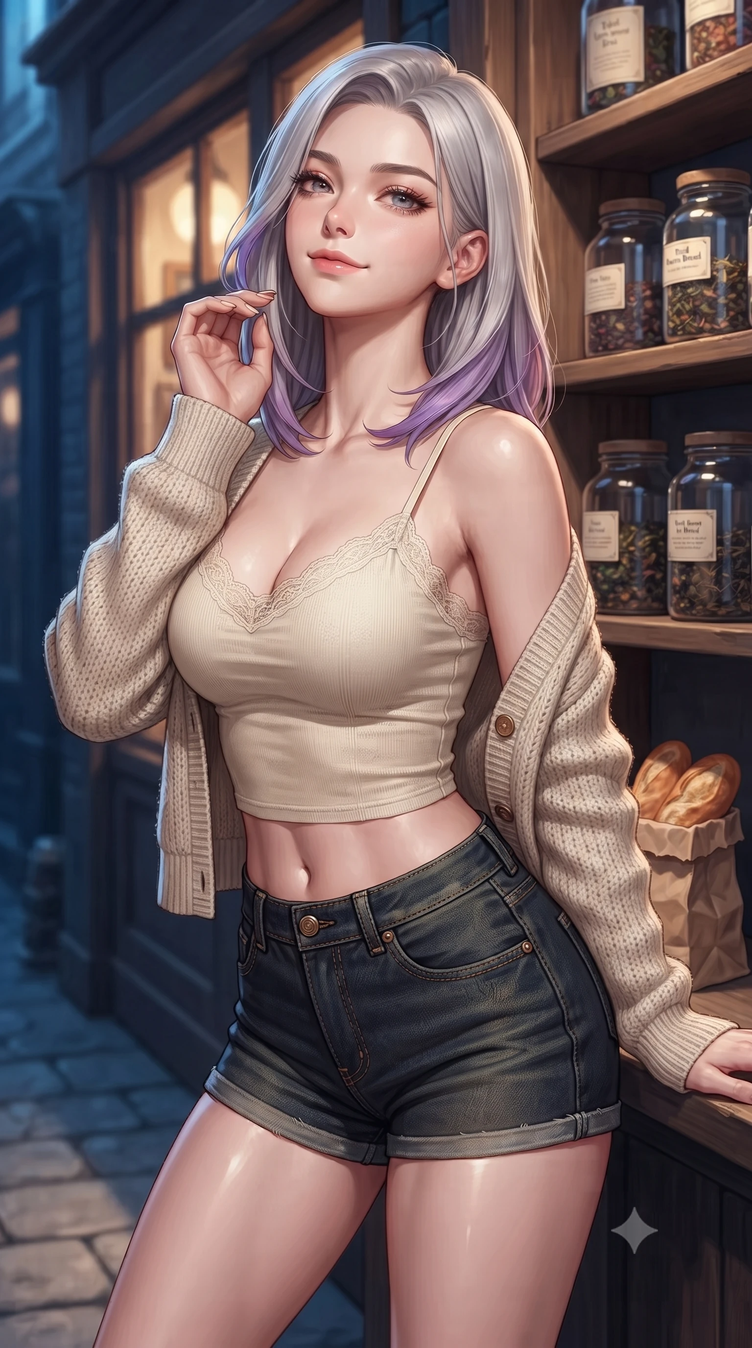 score_9, masterpiece, best quality, ultra-detailed, high-budget anime keyframe, editorial fashion photography, tasteful artistic composition, Caucasian woman. close-up cowboy shot from the waist and thighs up, the character dominates the composition, filling the frame with her large presence, background elements kept in soft focus. tilting her chin up with a composed yet magnetic gaze under long dark eyelashes set against a soft-focus background of outside a cozy tea shop with jars of tea leaves displayed on wooden shelves holding a small paper bag of fresh warm bread, smiling cutely. She has an exceptionally elegant, slender, and willowy female figure with an ultra-slim waist, a gracefully sculpted slender torso, and a refined silhouette. sharp v-shaped jawline, high-bridge nose, intricate jewel-like eyes with depth, thick eyelashes, glossy lips with a natural sheen. wearing body-hugging delicate lace-trim crop top in cream, worn under an open preppy cardigan and denim shorts. warm glow from the shop windows clashing with the cool blue alley shadows. ultra-reflective glossy finish, specular highlights, metallic sheen, high-contrast stereoscopic depth, volumetric dynamic lighting, 2k, ultra detail, master piece, 9:16 ratio