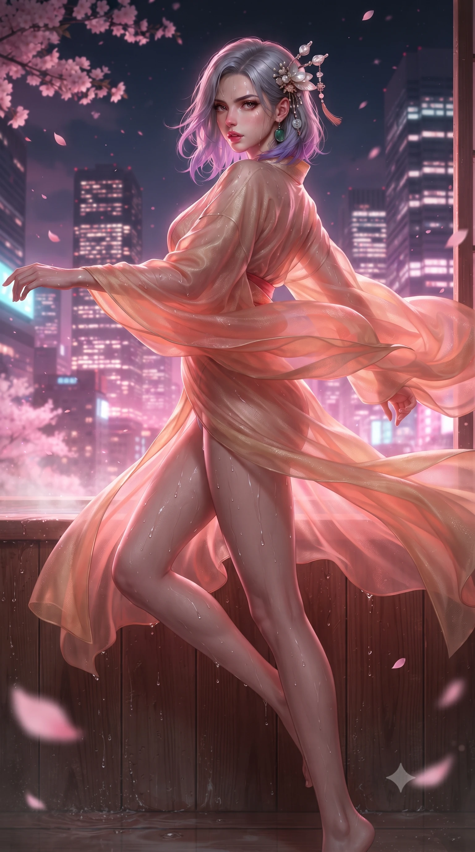 score_9, masterpiece, best quality, ultra-detailed, high-budget anime keyframe, editorial fashion photography, tasteful artistic composition, Caucasian woman. low angle full-body shot from head to toe showing her feet, filling the entire 9:16 vertical frame with her statuesque presence, stretching her vertical silhouette. executing an elegant mid-motion pivot turn as garments swirl around her slender limbs, glancing over her shoulder with an intoxicating bedroom-gaze while leaning back against a cedar bath partition overlooking glowing Tokyo skyscrapers, parted glossy lips reflecting pink neon lights. The surrounding environment is rendered in vivid detail and crisp panoramic clarity. sharp wet hinoki wood grain, distinct water droplet tracks on skin, and delicate cherry blossom petals in deep focus. She has an absolutely perfect, statuesque 8.5-heads proportion, an exceptionally tall and slender model-like female figure with impossibly long slender legs, a toned flat midriff, an ultra-slim waist, and beautifully sculpted feminine hips. sharp v-shaped jawline, high-bridge nose, intricate jewel-like eyes with depth, thick eyelashes, glossy parted lips with a natural sheen, intensely captivating and seductive bedroom-eyes expression, flawlessly proportioned anatomical accuracy, strict slender model proportions, natural body alignment, perfectly sculpted long slender limbs, ultra-slim waistline, clean dynamic posture without body distortion. wearing a delicate semi-translucent silk yukata that clings to her wet skin and curvy hip contours in sunrise coral and champagne gold, crafted from traditional Korean gossamer silk organza with pearlescent luster, accented with mother-of-pearl hair ornaments and a carved jade pendant, the form-contouring material adhering flawlessly to her sculpted flat midriff and slender torso, emphasizing her long leg lines and perfectly proportioned willowy build. illuminated by wet specular reflections accentuating her sculpted collarbones, narrow waist, and curvy hips. ultra-reflective glossy finish, specular highlights, rich textural contrasts, high-contrast stereoscopic depth, volumetric dynamic lighting, 2k, ultra detail, master piece, 9:16 ratio