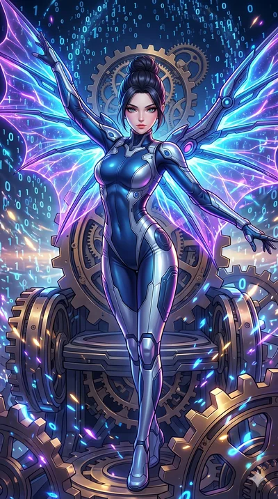 score_9, masterpiece, best quality, ultra-detailed, Set A: High-budget Anime Keyframe, Caucasian (strictly human ears) woman. Upper body close-up from the thighs up, character filling the screen for maximum presence. Dancing through a throne of gears