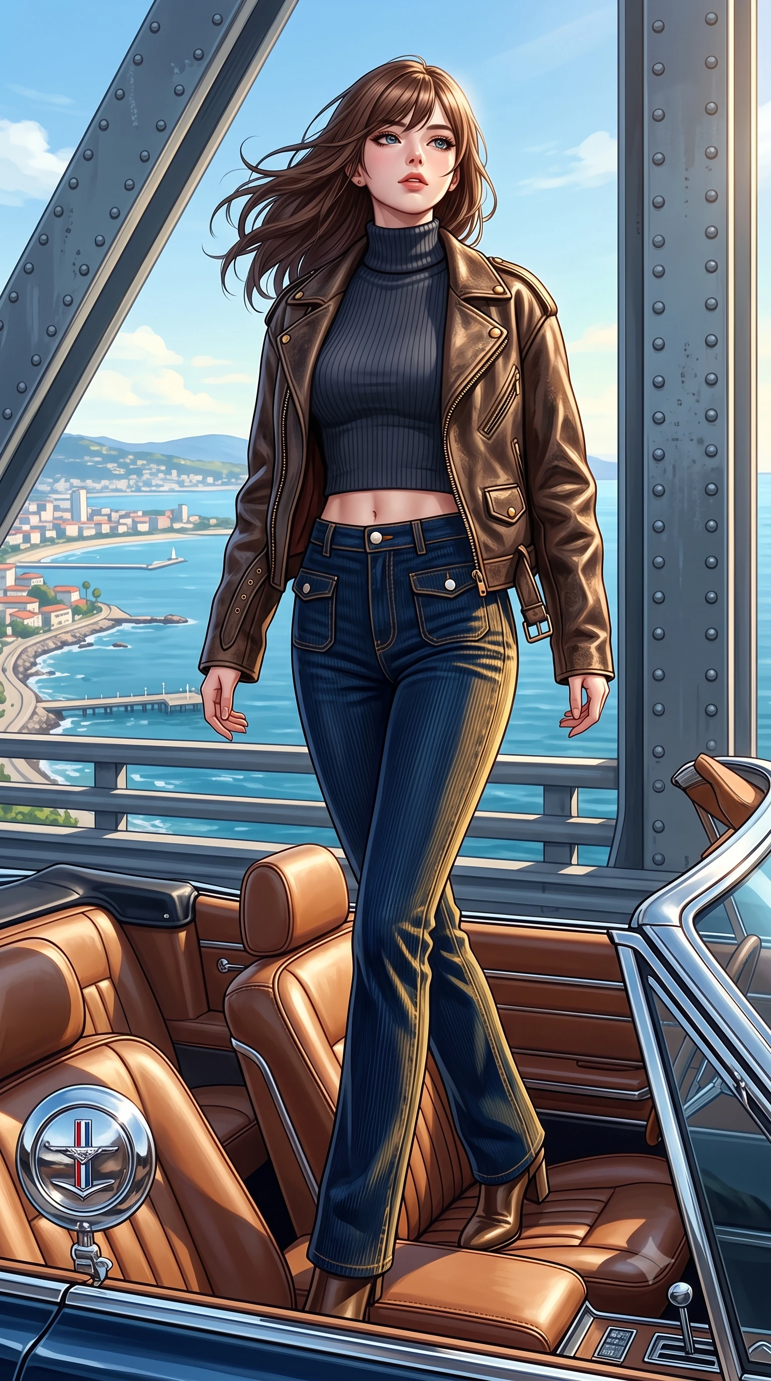 score_9, masterpiece, best quality, ultra-detailed, high-budget anime keyframe, semi-realistic 3D game render, editorial fashion photography, tasteful artistic composition, Korean woman. low angle full-body shot from head to toe showing her feet, filling the entire 9:16 vertical frame with her statuesque presence, stretching her vertical silhouette. striding forward in a proud, dynamic supermodel runway stride, her statuesque vertical silhouette commanding the entire frame while sitting on the leather seat of an open-top classic cruiser, head tilted back as ocean breeze tangles her hair. The surrounding environment is rendered in vivid detail and crisp panoramic clarity. sharp chrome car emblem reflections, leather upholstery stitching, and bridge steel rivets in deep focus. She has an absolutely perfect, statuesque 8.5-heads proportion, an exceptionally tall and slender model-like female figure with impossibly long slender legs, a toned flat midriff, and an ultra-slim waist. sharp v-shaped jawline, high-bridge nose, intricate jewel-like eyes with depth, thick eyelashes, glossy lips with a natural sheen, captivating and magnetic expression, flawlessly proportioned anatomical accuracy, strict slender model proportions, natural body alignment, perfectly sculpted long slender limbs, ultra-slim waistline, clean dynamic posture without body distortion. wearing an iconic oversized vintage brown leather biker jacket worn over a snug ribbed turtleneck and high-rise mom jeans in deep navy blue and vintage brass gold, tailored from soft fine-wale corduroy with rich velvety texture, finished with polished mother-of-pearl buttons and tailored flap pockets, the precision-cut daring openings accentuating her delicate midriff, graceful bare collarbones, and ultra-slim feminine waistline. illuminated by crisp metallic reflections tracing her ultra-slim waistline, collarbones, and long legs. highly saturated vibrant anime colors, detailed shading with soft gradients, rich glossy textures, high-contrast stereoscopic depth, volumetric dynamic lighting, master piece, 9:16 ratio