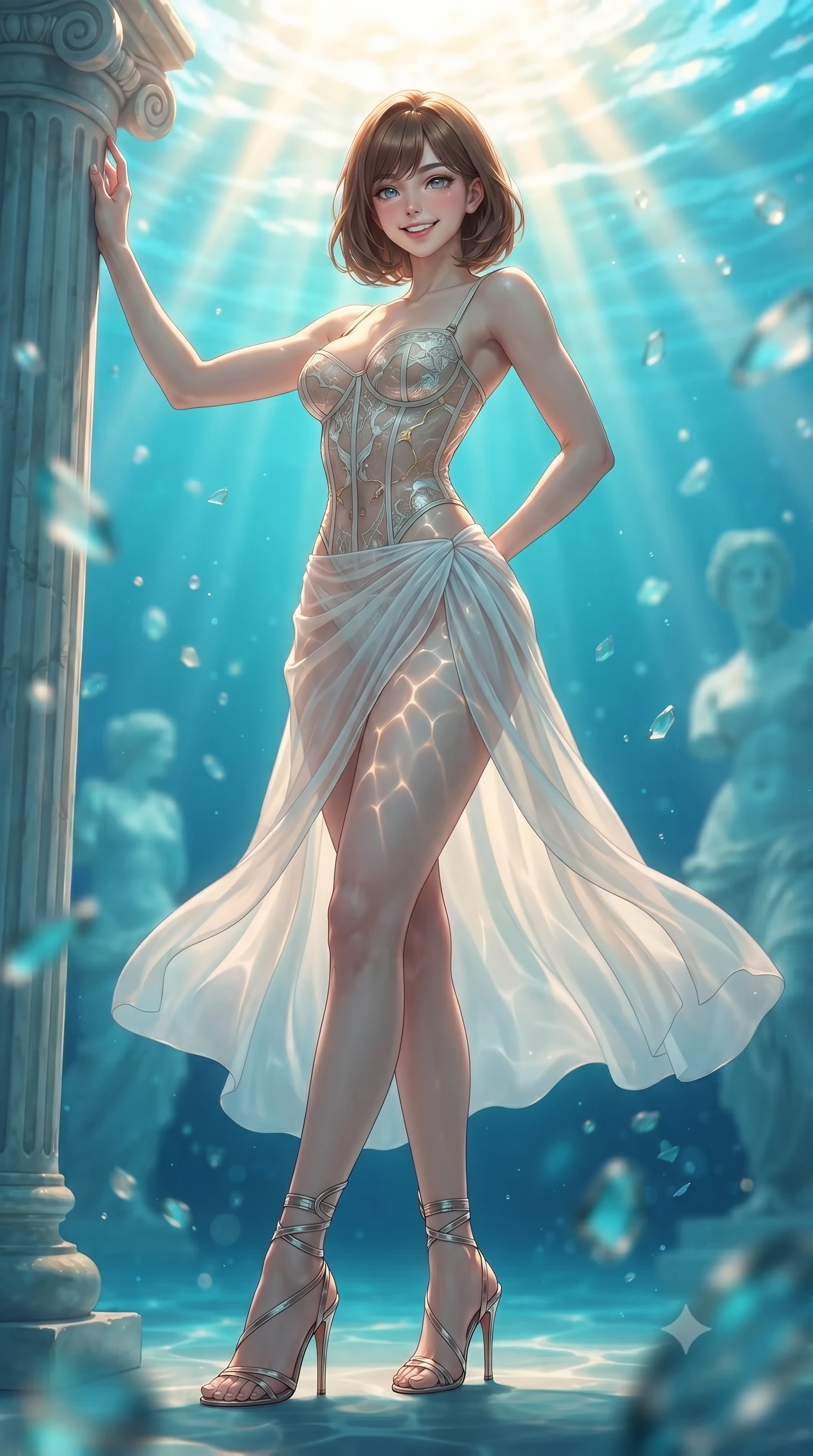 score_9, masterpiece, best quality, ultra-detailed, high-budget anime keyframe, editorial fashion photography, tasteful artistic composition, Caucasian woman. low angle full-body shot from head to toe showing her feet, filling the entire 9:16 vertical frame with her statuesque presence, stretching her vertical silhouette. standing tall beside the architectural column, one hand resting high while arching her lower back to emphasize her sculpted feminine hips and slender waist while twisting her slender torso in an alluring S-curve, dancing golden water caustics caressing her flat midriff and hourglass curves. The background shows a soft-focus brilliant volumetric sunbeams penetrating 20 meters of pristine turquoise water, drifting sea glass fragments, and submerged classical statues blurred into topaz, cyan, and pearl bokeh. She has an exceptionally tall and slender model-like 8.5-heads proportion, an ultra-slim waist, a flat toned midriff, narrow delicate ribcage, and beautifully sculpted feminine hips creating a graceful, slim hourglass silhouette without any bulky heaviness, with impossibly long slender legs. sharp v-shaped jawline, high-bridge nose, intricate jewel-like sparkling eyes with depth, thick eyelashes, glossy parted lips with a natural peach sheen, bright cheerful beaming smile with an enchanting and coquettish sensual glint, exuding both youthful cute charm and seductive allure, flawlessly proportioned anatomical accuracy, strict slender model proportions, natural body alignment, perfectly sculpted long slender limbs, ultra-slim waistline, clean dynamic posture without body distortion. wearing a provocative translucent mesh corset bodice with boned satin channels paired with a sheer chiffon wrap skirt in Kintsugi celestial white porcelain and liquid gold, tailored from high-density tech-wool with subtle metallic thread weave, complemented by strappy stiletto sandals with metallic ankle wraps accentuating her slender calves, the second-skin tailored fabric adhering flawlessly to her sculpted flat midriff and slender torso, emphasizing her long leg lines and perfectly proportioned willowy build. bathed in blinding warm golden midday sunbeams slicing through cool turquoise water. ultra-reflective glossy finish, specular highlights, rich textural contrasts, high-contrast stereoscopic depth, volumetric dynamic lighting, 2k, ultra detail, master piece, 9:16 ratio