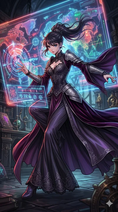 score_9, masterpiece, best quality, ultra-detailed, high-budget anime movie keyframe, cinematic anime lighting, intricate line art, Caucasian woman. Low angle medium shot capturing a powerful motion and statuesque presence. interfacing with a giant h