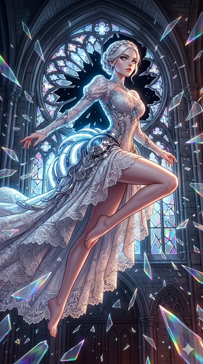score_9, masterpiece, best quality, ultra-detailed, Set A: High-budget Anime Keyframe, Caucasian (strictly human ears) woman. Low angle cowboy shot filling the entire 9:16 frame with her statuesque presence. Leaping through a shattered glass cathedra