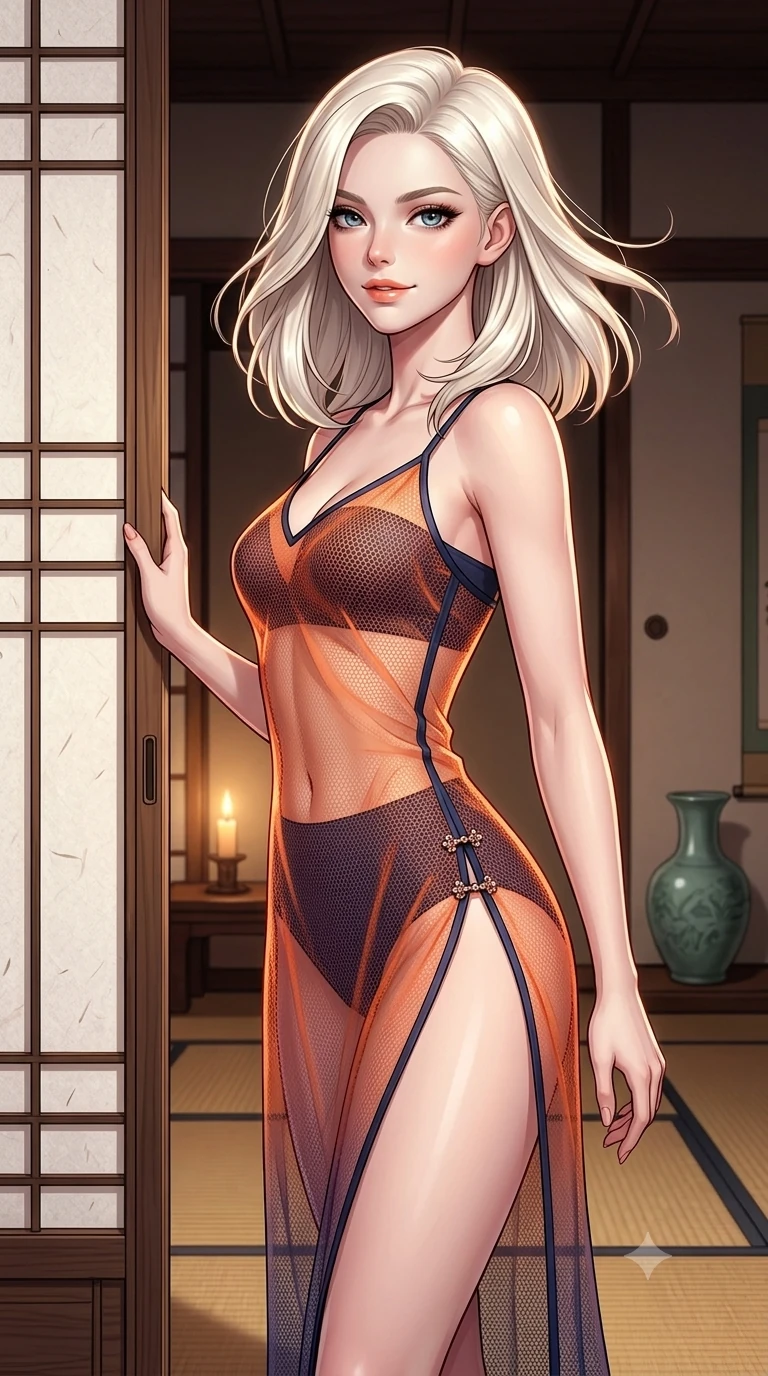 score_9, masterpiece, best quality, ultra-detailed, high-budget anime keyframe, semi-realistic 3D game render, editorial fashion photography, tasteful artistic composition, Caucasian woman. close-up cowboy shot from the waist and thighs up, the character dominates the composition, filling the frame with her large presence. turning slowly with an enchanting smoldering smile, her glossy hair tossing in the breeze as her hips angle gracefully in a captivating contrapposto while twisting her slender torso in an alluring contrapposto pose beside the sliding rice-paper door, warm candlelight silhouette outlining her curves. The surrounding environment is rendered in vivid detail and crisp panoramic clarity: sharp mulberry paper texture on sliding doors, woven rush mat seams, and celadon ceramic glaze in deep focus. She has an exceptionally elegant, slender, and willowy female figure with an ultra-slim waist, flat toned midriff, narrow ribcage, and sculpted feminine hips creating an alluring, slim hourglass silhouette without bulk. sharp v-shaped jawline, high-bridge nose, sparkling eyes with hypnotic seductive depth, thick curled eyelashes, glossy parted lips with a natural dewy peach sheen, alluring bedroom-eyes with an enchanting coquettish smile, exuding magnetic siren charisma and sophisticated glamour, flawlessly proportioned anatomical accuracy, strict slender model proportions, natural body alignment, perfectly sculpted long slender limbs, ultra-slim waistline, clean dynamic posture without body distortion. wearing a delicately layered semi-sheer gossamer nobang hanbok slip dress revealing her sculpted silhouette over an opaque micro-bandeau and briefs in sunset tangerine orange and deep navy indigo, made of delicate semi-sheer nanotech mesh with airy hexagonal open-weaves, finished with an ultra-high side slit secured by miniature jeweled clasps, the form-contouring silhouette accentuating her sculpted flat midriff, narrow delicate ribcage, and gracefully curvy hips with intoxicating allure. illuminated by polished floor bounce and sharp rose-gold rim lights defining her razor-sharp jawline, narrow waist, and curvy hips. highly saturated vibrant anime colors, detailed shading with soft gradients, rich glossy textures, high-contrast stereoscopic depth, volumetric dynamic lighting, master piece, 9:16 ratio