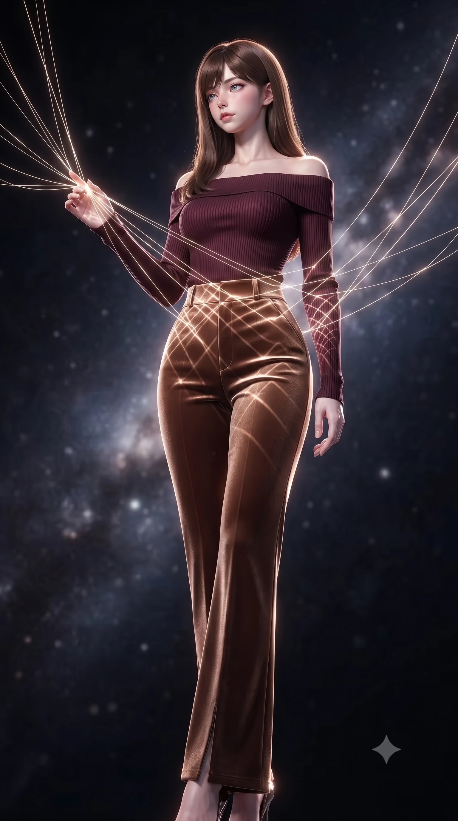 score_9, masterpiece, best quality, ultra-detailed, high-budget anime keyframe, editorial fashion photography, tasteful artistic composition, Korean woman. low angle full-body shot from head to toe showing her feet, filling the entire 9:16 vertical frame with her statuesque presence, stretching her vertical silhouette. interacting gracefully with the magical floating elements while maintaining a confident posture touching a cluster of luminescent filament threads casting brilliant lattice beams, intricate geometric lattice patterns of light projected onto her skin. She has an absolutely perfect, statuesque 8.5-heads proportion, an exceptionally tall and slender model-like female figure with impossibly long slender legs and an ultra-slim waist. sharp v-shaped jawline, high-bridge nose, intricate jewel-like eyes with depth, thick eyelashes, glossy lips with a natural sheen. wearing a sleek off-shoulder ribbed knit top paired with high-waist tailored pants in deep burgundy and bronze, made of premium stretch velvet with a rich sheen, accented with a Tasteful chest slit framing her clavicle gracefully, the glove-like fit emphasizing her statuesque silhouette. surrounded by a vibrant fluorescent aura with bright rim highlights. ultra-reflective glossy finish, specular highlights, metallic sheen, high-contrast stereoscopic depth, volumetric dynamic lighting, 2k, ultra detail, master piece, 9:16 ratio