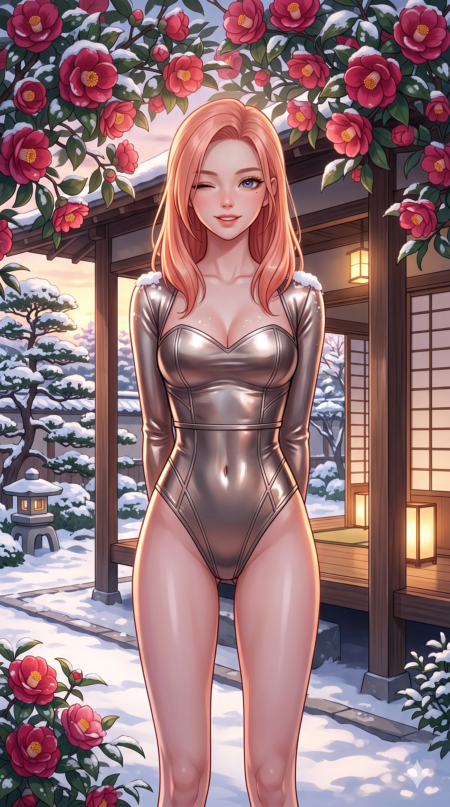 score_9, masterpiece, best quality, ultra-detailed, high-budget anime keyframe, vibrant anime aesthetic, Japanese woman. cowboy shot from the thighs up, character and outfit filling the frame for maximum presence. She is standing under winter camellias, winking with a delightful and cheerful face by a quiet outdoor tea pavilion facing a snowy garden (Code-P21-076). She has an absolutely perfect 8-heads proportion, an exceptionally tall and slender female figure with impossibly long slender legs and an ultra-slim waist. V-shaped jawline, high-bridge nose, intricate jewel-like eyes with depth, thick eyelashes, glossy lips with a natural sheen. wearing a metallic bodysuit with cropped waistline and sweetheart neckline in snow. She is soft golden twilight glow mixed with warm cabin lights, tracing her eyelashes. 2k, ultra detail, master piece, 9:16 ratio