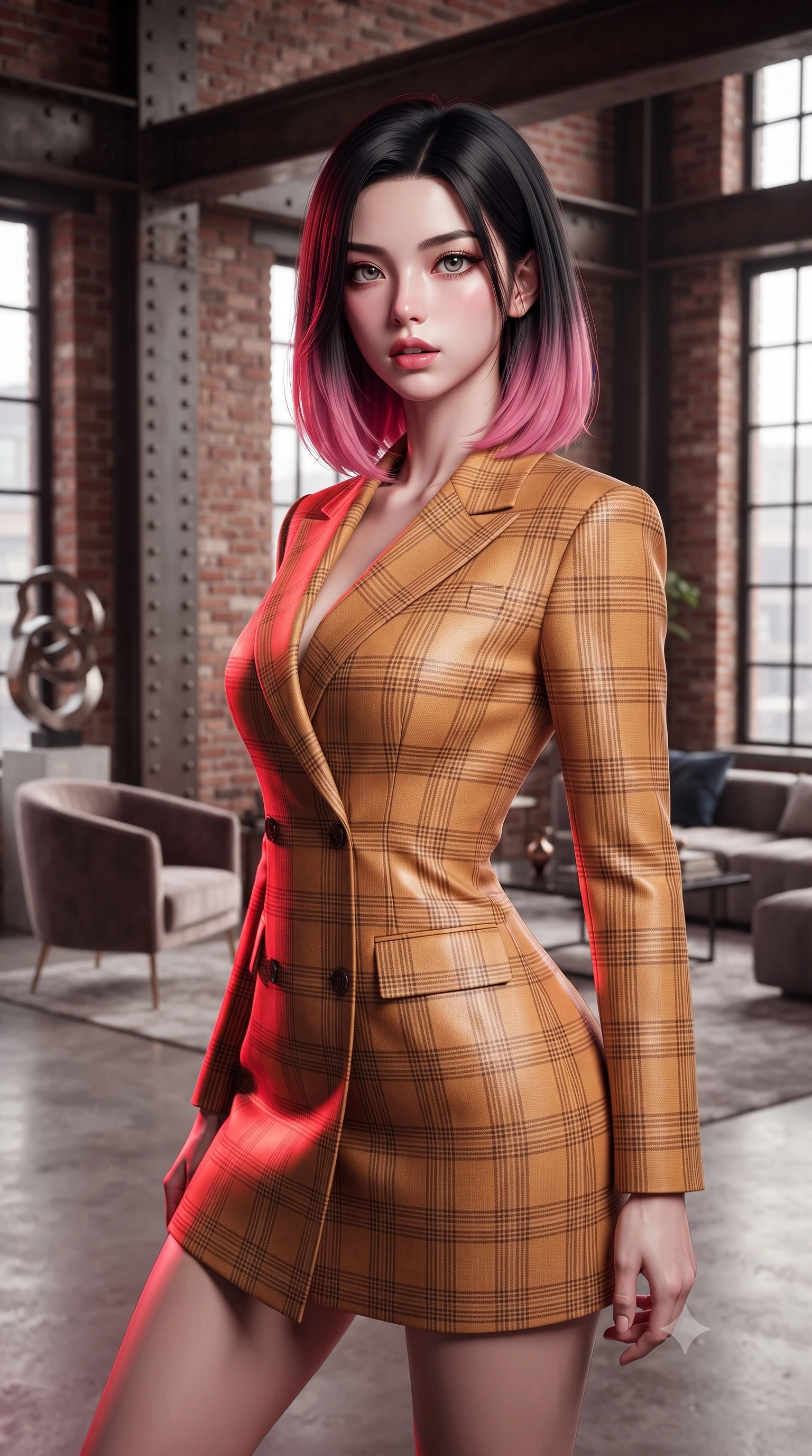score_9, masterpiece, best quality, ultra-detailed, high-budget anime keyframe, editorial fashion photography, tasteful artistic composition, Korean woman. close-up cowboy shot from the waist and thighs up, the character dominates the composition, filling the frame with her large presence, background elements kept in soft focus. Looking directly at the camera with a bold fearless expression and parted lips. set against a soft-focus background of a raw industrial space with exposed red brick walls riveted steel I-beams massive factory windows and polished concrete floors converted into a luxury living space with designer furniture and contemporary art. She has an exceptionally elegant and slender, willowy female figure with an ultra-slim waist, a gracefully sculpted slender torso, and a refined slim physique. sharp v-shaped jawline, high-bridge nose, intricate jewel-like eyes with depth, thick eyelashes, glossy lips with a natural sheen. wearing a fitted double-breasted blazer dress in a bright camel plaid, nips at her ultra-slim waist to emphasize her slender proportions. deep crimson theatrical lighting with sharp specular highlights on every curve. 2k, ultra detail, master piece, 9:16 ratio