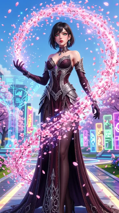 첨부의 캐릭터 얼굴만 유지해, score_9, masterpiece, best quality, ultra-detailed, Set B: Semi-realistic 3D Game Render, Caucasian woman (strictly human ears). Low angle cowboy shot filling the entire 9:16 frame with her statuesque presence. Summoning a wave of pi
