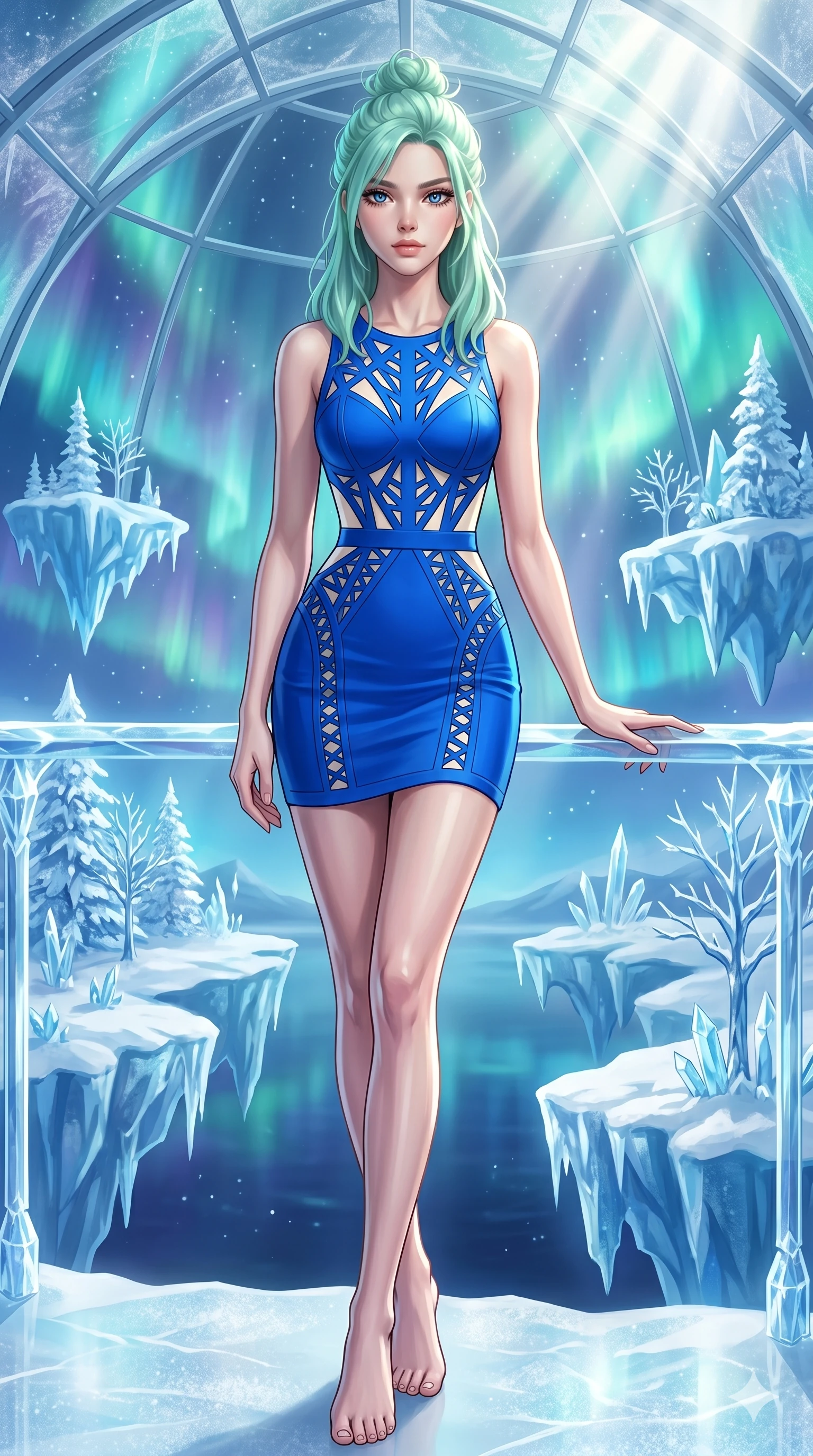 score_9, masterpiece, best quality, ultra-detailed, high-budget anime keyframe, editorial fashion photography, tasteful artistic composition, Japanese woman. cowboy shot from the thighs up, character and outfit filling the frame for maximum editorial presence. Gazing past the camera with an air of effortless superiority within a dreamlike floating winter kingdom with frozen crystal trees and aurora skies. She has an absolutely perfect 8-heads proportion, an exceptionally tall and slender female figure with impossibly long slender legs and an ultra-slim waist. V-shaped jawline, high-bridge nose, intricate jewel-like eyes with depth, thick eyelashes, glossy lips with a natural sheen. wearing a vivid electric cobalt structured fitted mini dress with intricate laser-cut geometric patterns at the torso and waist revealing glimpses of the underlining in contrasting ivory. drenched in cinematic god-ray sunlight descending from a vaulted glass ceiling, illuminating her form. 2k, ultra detail, master piece, 9:16 ratio