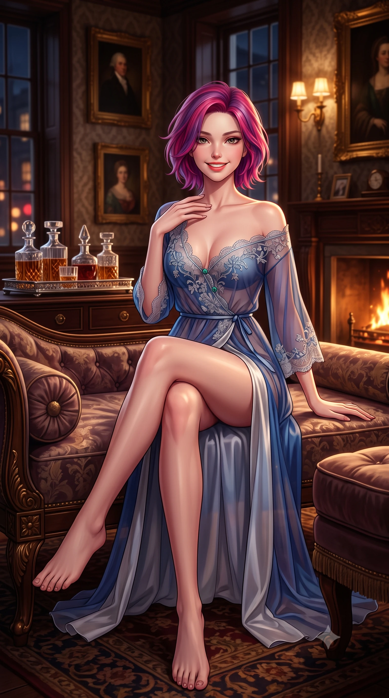 score_9, masterpiece, best quality, ultra-detailed, high-budget anime keyframe, semi-realistic 3D game render, editorial fashion photography, tasteful artistic composition, Caucasian woman. low angle full-body shot from head to toe showing her feet, filling the entire 9:16 vertical frame with her statuesque presence, stretching her vertical silhouette. lounging on the lavish daybed with legs crossed and hips angled toward the camera, displaying her toned midriff and long slender limbs with effortless siren poise while sitting poised on the ottoman with legs crossed, running one manicured hand slowly along her collarbones with effortless aristocratic cool. The background shows a soft-focus rows of crystal whiskey decanters on silver trays, historic oil portraits in gilded frames, and quiet midnight Pall Mall streetlights blurred into amber, mahogany, and ruby bokeh. She has an exceptionally tall and slender model-like 8.5-heads proportion, an ultra-slim waist, a flat toned midriff, narrow delicate ribcage, and beautifully sculpted feminine hips creating a graceful, slim hourglass silhouette without any bulky heaviness, with impossibly long slender legs. sharp v-shaped jawline, high-bridge nose, intricate jewel-like sparkling eyes with depth, thick eyelashes, glossy parted lips with a natural peach sheen, bright cheerful beaming smile with an enchanting and coquettish sensual glint, exuding both youthful cute charm and seductive allure, flawlessly proportioned anatomical accuracy, strict slender model proportions, natural body alignment, perfectly sculpted long slender limbs, ultra-slim waistline, clean dynamic posture without body distortion. wearing an alluring semi-sheer silk chiffon boudoir peignoir slipping off bare shoulders with delicate jade button accents in Thames nocturnal sapphire and liquid platinum, made of delicate embroidered tulle lace with intricate floral motifs and soft transparency, finished with scalloped eyelash lace trim framing her sweetheart neckline with intimate elegance, the high-slit wrap tailoring accentuating her ultra-slim waistline and the enchanting curve of her feminine hips with alluring seductive charm. bathed in the rich chiaroscuro glow of natural hearth firelight and warm library picture sconces. highly saturated vibrant anime colors, detailed shading with soft gradients, rich glossy textures, high-contrast stereoscopic depth, volumetric dynamic lighting, master piece, 9:16 ratio