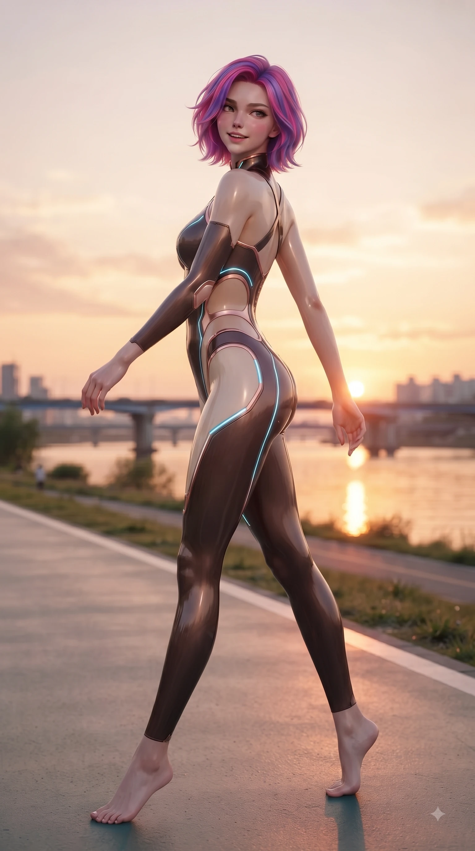 score_9, masterpiece, best quality, ultra-detailed, high-budget anime keyframe, editorial fashion photography, tasteful artistic composition, Caucasian woman. low angle full-body shot from head to toe showing her feet, filling the entire 9:16 vertical frame with her statuesque presence, stretching her vertical silhouette. pivoting dynamically in mid-motion with a delighted cute expression, displaying her perfect model proportions while pivoting in a happy stride along a riverside cycling path as golden sunset light paints the sky, warm rose-gold and amber sunset light reflecting off calm river waters and city bridges. She has an absolutely perfect, statuesque 8.5-heads proportion, an exceptionally tall and slender model-like female figure with impossibly long slender legs and an ultra-slim waist. sharp v-shaped jawline, high-bridge nose, intricate jewel-like eyes with depth, thick eyelashes, glossy lips with a natural sheen, flawlessly proportioned anatomical accuracy, natural body alignment, perfectly sculpted elegant limbs, clean dynamic posture without body distortion. wearing a skin-tight cybernetic bodysuit with glowing neon seams and side cutouts in espresso brown and warm cream, crafted from smooth liquid silk, complemented by criss-cross back straps highlighting her bare shoulders, the sleek second-skin texture accentuating her magnetic presence. surrounded by a serene, uplifting, and romantic riverside park ambiance. ultra-reflective glossy finish, specular highlights, metallic sheen, high-contrast stereoscopic depth, volumetric dynamic lighting, 2k, ultra detail, master piece, 9:16 ratio