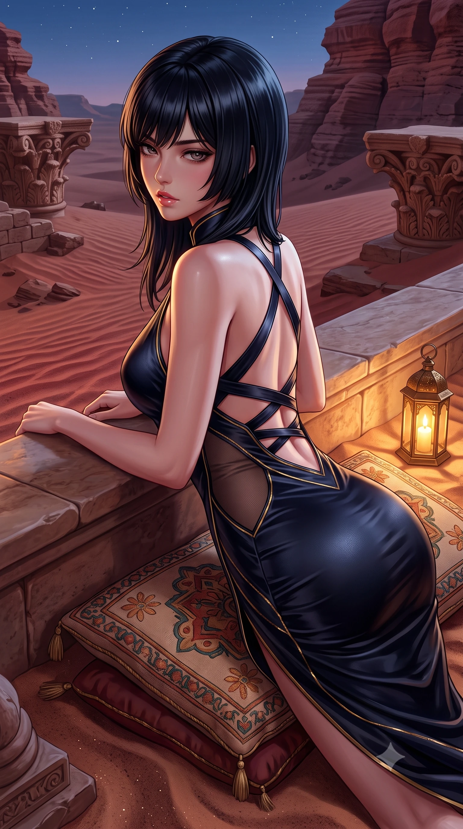 score_9, masterpiece, best quality, ultra-detailed, high-budget anime keyframe, semi-realistic 3D game render, editorial fashion photography, tasteful artistic composition, Caucasian woman. close-up cowboy shot from the waist and thighs up, the character dominates the composition, filling the frame with her large presence. leaning forward against the polished railing with her hips cocked back, creating an intoxicating curve from her narrow waist to sculpted hips as she gazes back into the lens while reclining across an embroidered bedouin cushion on the desert sand, her slender waist and feminine curves sculpted by warm candlelight and desert stars. The surrounding environment is rendered in vivid detail and crisp panoramic clarity. sharp rose-red sandstone stratification ripples, desert sand grain texture, and carved rock capitals in deep focus. She has an exceptionally elegant, slender, and willowy female figure with an ultra-slim waist, flat toned midriff, narrow ribcage, and sculpted feminine hips creating an alluring, slim hourglass silhouette without bulk. sharp v-shaped jawline, high-bridge nose, intricate jewel-like eyes with depth, thick eyelashes, glossy parted lips with a natural sheen, intensely captivating and seductive bedroom-eyes expression, flawlessly proportioned anatomical accuracy, strict slender model proportions, natural body alignment, perfectly sculpted long slender limbs, ultra-slim waistline, clean dynamic posture without body distortion. wearing a wet-look silk fusion wrap dress with asymmetrical sheer mesh cutouts and high Mandarin collar in midnight obsidian black and liquid gold, tailored from water-resistant treated wool gabardine and flexible stretch silk, finished with criss-cross back satin straps highlighting her graceful shoulder blades, the second-skin form-contouring cut accentuating her sculpted flat midriff, narrow delicate ribcage, and gracefully curvy hips with supermodel precision. illuminated by warm sandstone ambient reflections sharply contouring her razor-sharp jawline, narrow waist, and curvy hips. highly saturated vibrant anime colors, detailed shading with soft gradients, rich glossy textures, high-contrast stereoscopic depth, volumetric dynamic lighting, master piece, 9:16 ratio