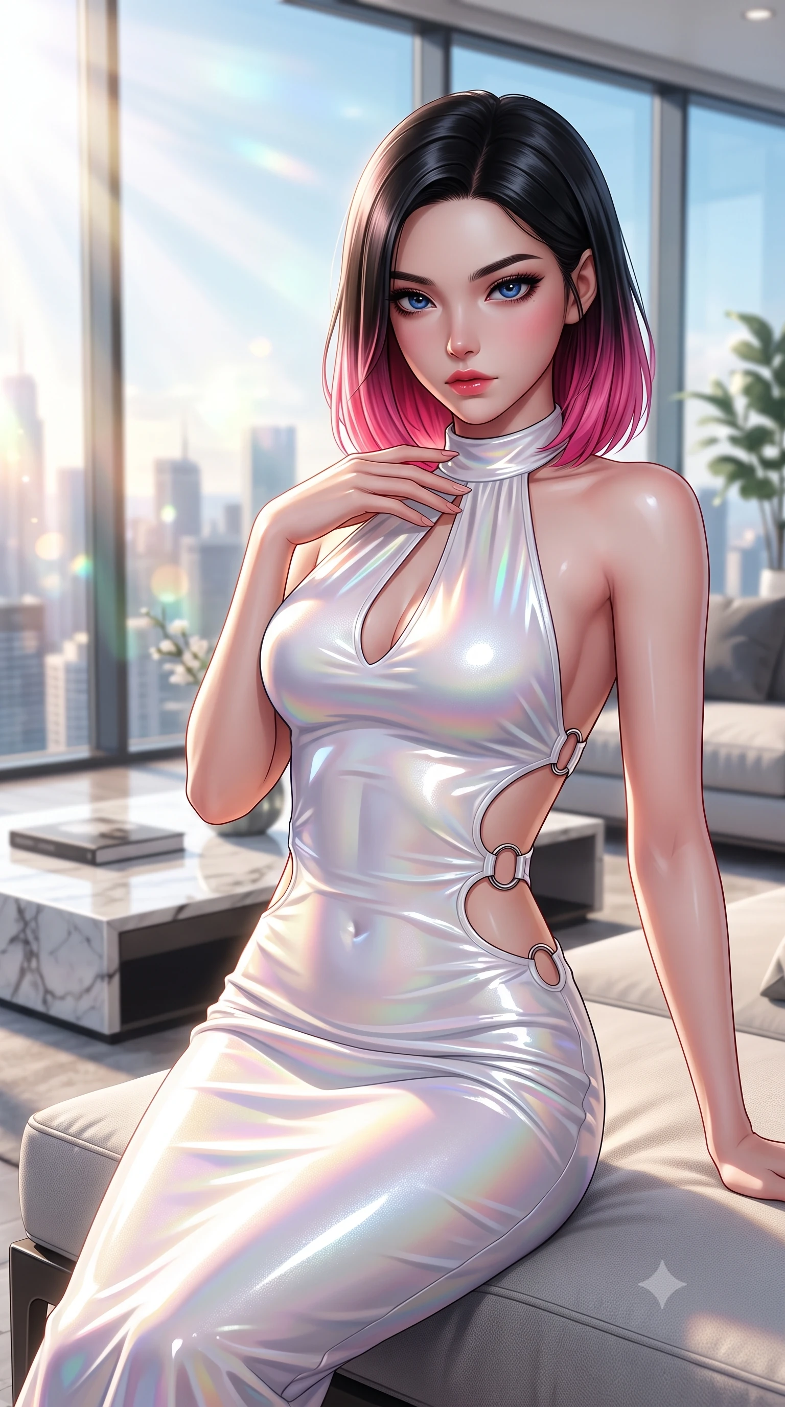 score_9, masterpiece, best quality, ultra-detailed, high-budget anime keyframe, semi-realistic 3D game render, editorial fashion photography, tasteful artistic composition, Korean woman. close-up cowboy shot from the waist and thighs up, the character dominates the composition, filling the frame with her large presence. leaning forward with a dangerous, enticing smolder, resting one hand near her collarbone while casting a fiery, magnetic direct gaze while lounging seductively in a minimalist designer daybed framed by bright morning sunbeams and city sky views. The composition keeps background elements in soft focus with creamy bokeh. streaming daylight creating soft, glowing ambient refractions across the background. She has an exceptionally elegant, slender, and willowy female figure with an ultra-slim waist, a gracefully sculpted slender torso, toned flat midriff, and a refined slim silhouette. sharp v-shaped jawline, high-bridge nose, intricate jewel-like eyes with depth, thick eyelashes, glossy lips with a natural sheen, flawlessly proportioned anatomical accuracy, strict slender model proportions, natural body alignment, perfectly sculpted long slender limbs, ultra-slim waistline, clean dynamic posture without body distortion. wearing a velvet halter-neck midi dress fitting her statuesque contour flawlessly with a Tasteful chest slit and open spine in glistening liquid pearl white with rainbow opalescence, formed from high-gloss patent material with specular light reflections, detailed with polished silver rings connecting the daring side-waist cutouts, the form-contouring material adhering flawlessly to her sculpted flat midriff and slender torso, emphasizing her long leg lines and perfectly proportioned willowy build. illuminated by crisp white studio key light with specular chrome and marble reflections. highly saturated vibrant anime colors, detailed shading with soft gradients, rich glossy textures, high-contrast stereoscopic depth, volumetric dynamic lighting, master piece, 9:16 ratio