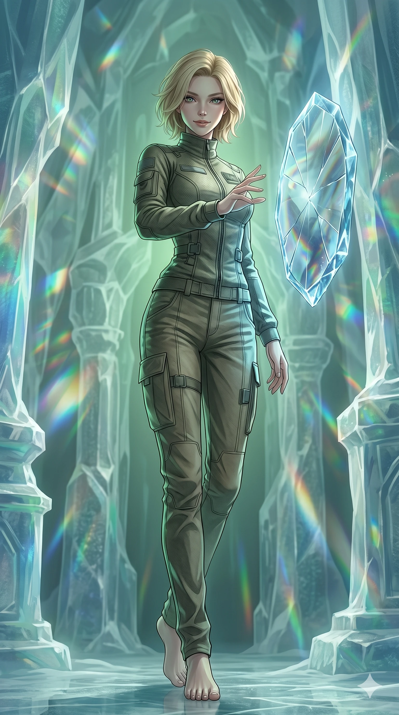 score_9, masterpiece, best quality, ultra-detailed, high-budget anime keyframe, editorial fashion photography, tasteful artistic composition, Caucasian woman, strictly human ears. low angle full-body shot from head to toe showing her feet, filling the entire 9:16 vertical frame with her statuesque presence, stretching her vertical silhouette. reaching a hand toward a floating mirror, looking at the camera with a mysterious smile inside a glacier ice temple with prismatic light refracting through walls (Code-P18-051). She has an absolutely perfect 8-heads proportion, an exceptionally tall and slender female figure with impossibly long slender legs and an ultra-slim waist. V-shaped jawline, high-bridge nose, intricate jewel-like eyes with depth, thick eyelashes, glossy lips with a natural sheen. wearing a high-neck long-sleeved flight jacket over cargo trousers. soft green ambient light with a sharp key light tracing her silhouette and clavicle. 2k, ultra detail, master piece, 9:16 ratio