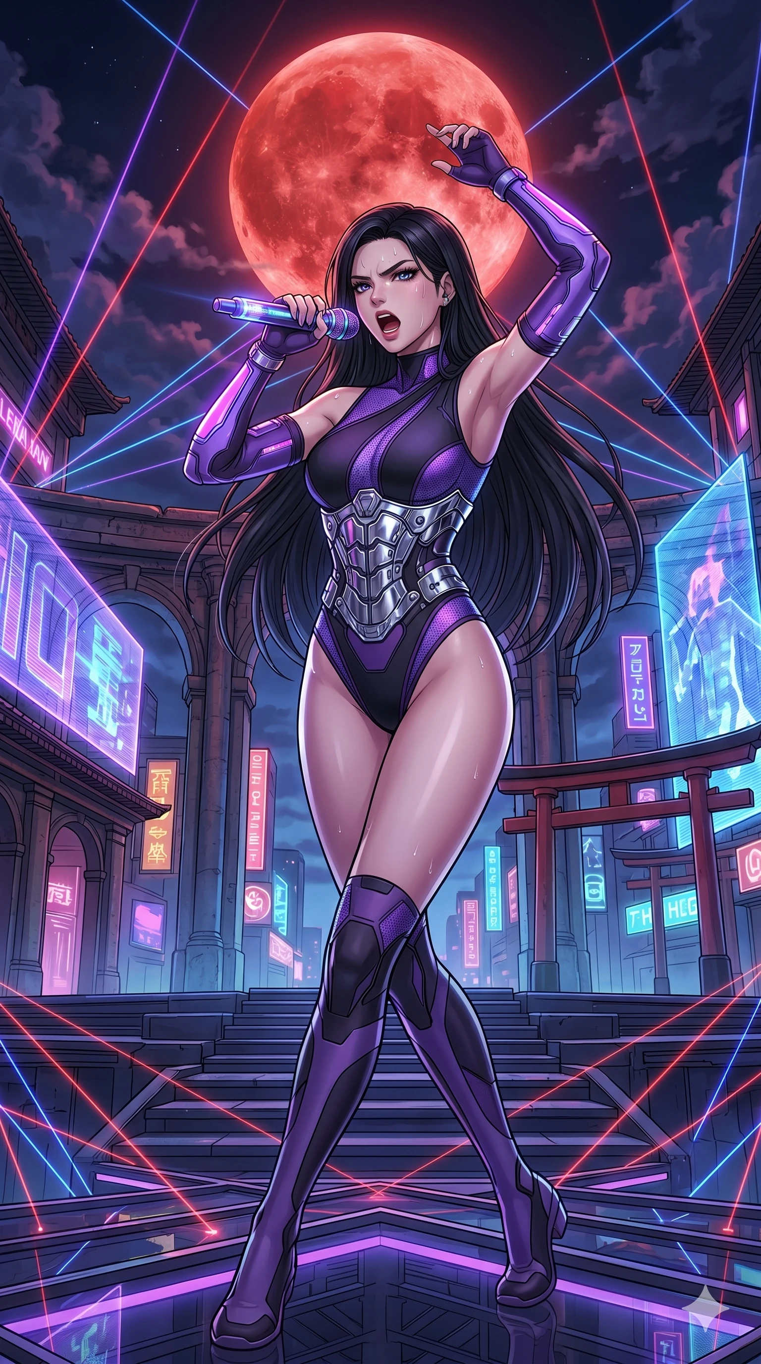 score_9, masterpiece, best quality, ultra-detailed, high-budget anime movie keyframe, cinematic anime lighting, intricate line art, Caucasian (strictly human ears) woman. Dynamic full-body shot stretching the vertical silhouette across the 9:16 frame. singing on a laser stage in a cyber-temple in Neo-Tokyo under a blood moon. She has an absolutely perfect 8-heads proportion, an exceptionally tall and slender female figure with an ultra-slim waist and impossibly long slender legs. sharp v-shaped jawline, high-bridge nose, intricate jewel-like eyes, thick eyelashes, glossy lips. Wearing asymmetrical high-cut tech-bodysuit with detached glowing sleeves, chrome-plated mechanical corset, and bioluminescent mesh panels clinging to her slender figure. The scene is illuminated by dramatic atmospheric lighting and vibrant color palettes. , 2k, ultra detail, master piece, 9:16 ratio