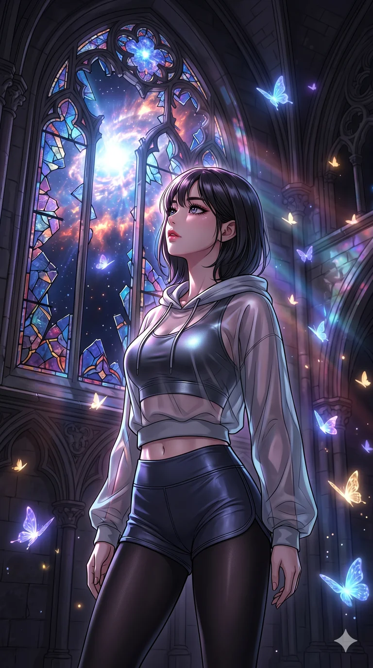 score_9, masterpiece, best quality, ultra-detailed, high-budget anime movie keyframe, cinematic anime lighting, intricate line art, Korean anime girl. Upper body filling screen focusing on her alluring features and slim-fit silhouette. observing a supernova in a shattered stained glass cathedral surrounded by glowing butterflies. She has an absolutely perfect 8-heads proportion, an exceptionally tall and slender female figure with an ultra-slim waist and impossibly long slender legs. sharp v-shaped jawline, high-bridge nose, intricate jewel-like eyes, thick eyelashes, glossy lips. Wearing premium athleisure set with a metallic-finish compression top, high-cut yoga shorts that accentuate her long legs, and a sheer oversized hoodie. The scene is illuminated by dramatic atmospheric lighting and vibrant color palettes. 2k, ultra detail, master piece, 9:16 ratio