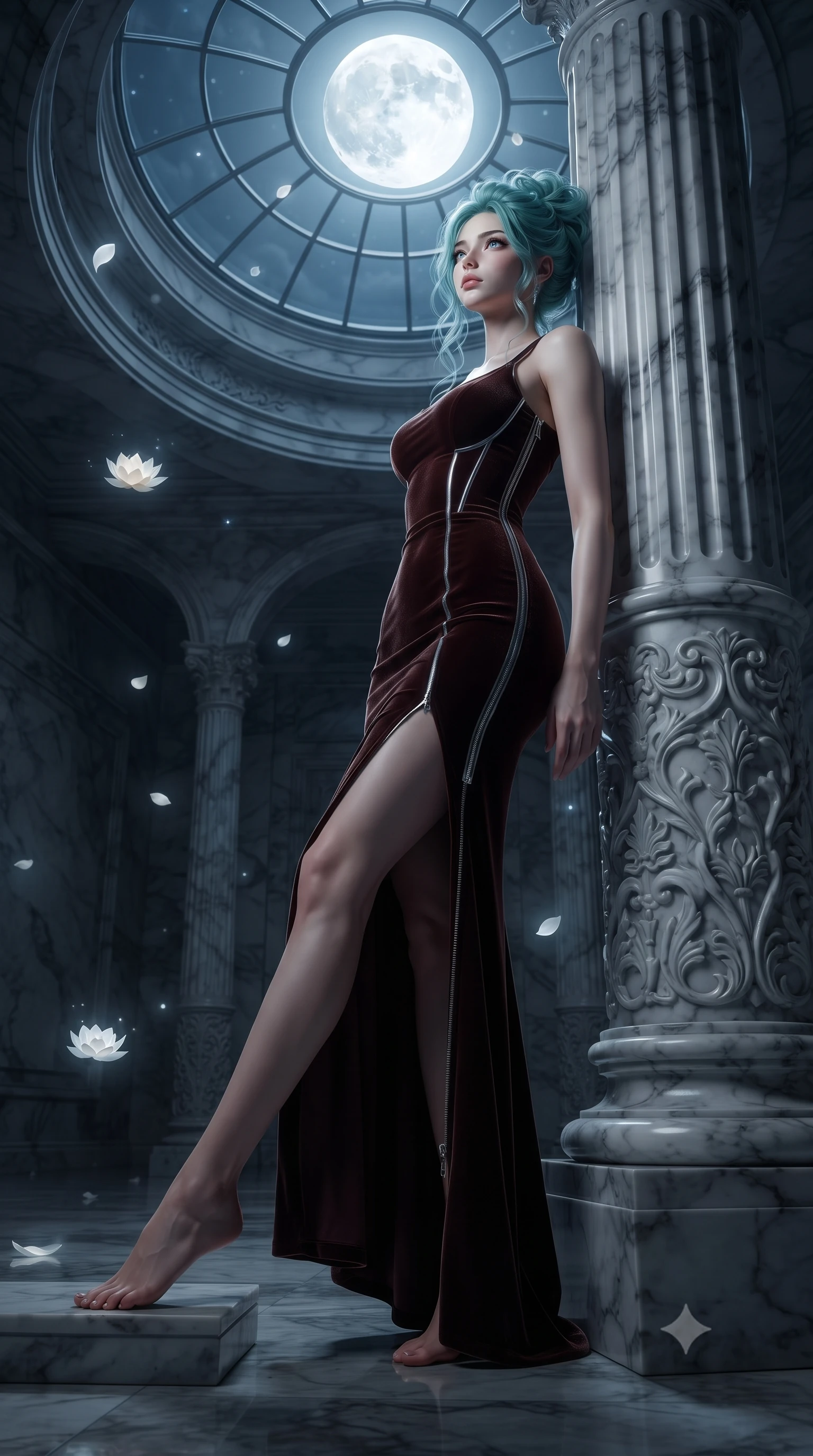 score_9, masterpiece, best quality, ultra-detailed, high-budget anime keyframe, editorial fashion photography, tasteful artistic composition, Japanese woman. low angle full-body shot from head to toe showing her feet, filling the entire 9:16 vertical frame with her statuesque presence, stretching her vertical silhouette. stepping gracefully through the luxurious environment, stretching her statuesque silhouette, resting against a carved marble column looking up at a full moon through glass, floating white lotus petals emitting a subtle ghostly white glow. She has an absolutely perfect, statuesque 8.5-heads proportion, an exceptionally tall and slender model-like female figure with impossibly long slender legs and an ultra-slim waist. sharp v-shaped jawline, high-bridge nose, intricate jewel-like eyes with depth, thick eyelashes, glossy lips with a natural sheen. wearing sculpted form-fitting dark velvet column gown in pitch black in dark mahogany, made of liquid dark mercury jersey, finished with metallic silver boning and sleek zipper points, sculpting her athletic slender build with refined precision. surrounded by a serene moonlit aura with sharp silver rim lights. ultra-reflective glossy finish, specular highlights, metallic sheen, high-contrast stereoscopic depth, volumetric dynamic lighting, 2k, ultra detail, master piece, 9:16 ratio