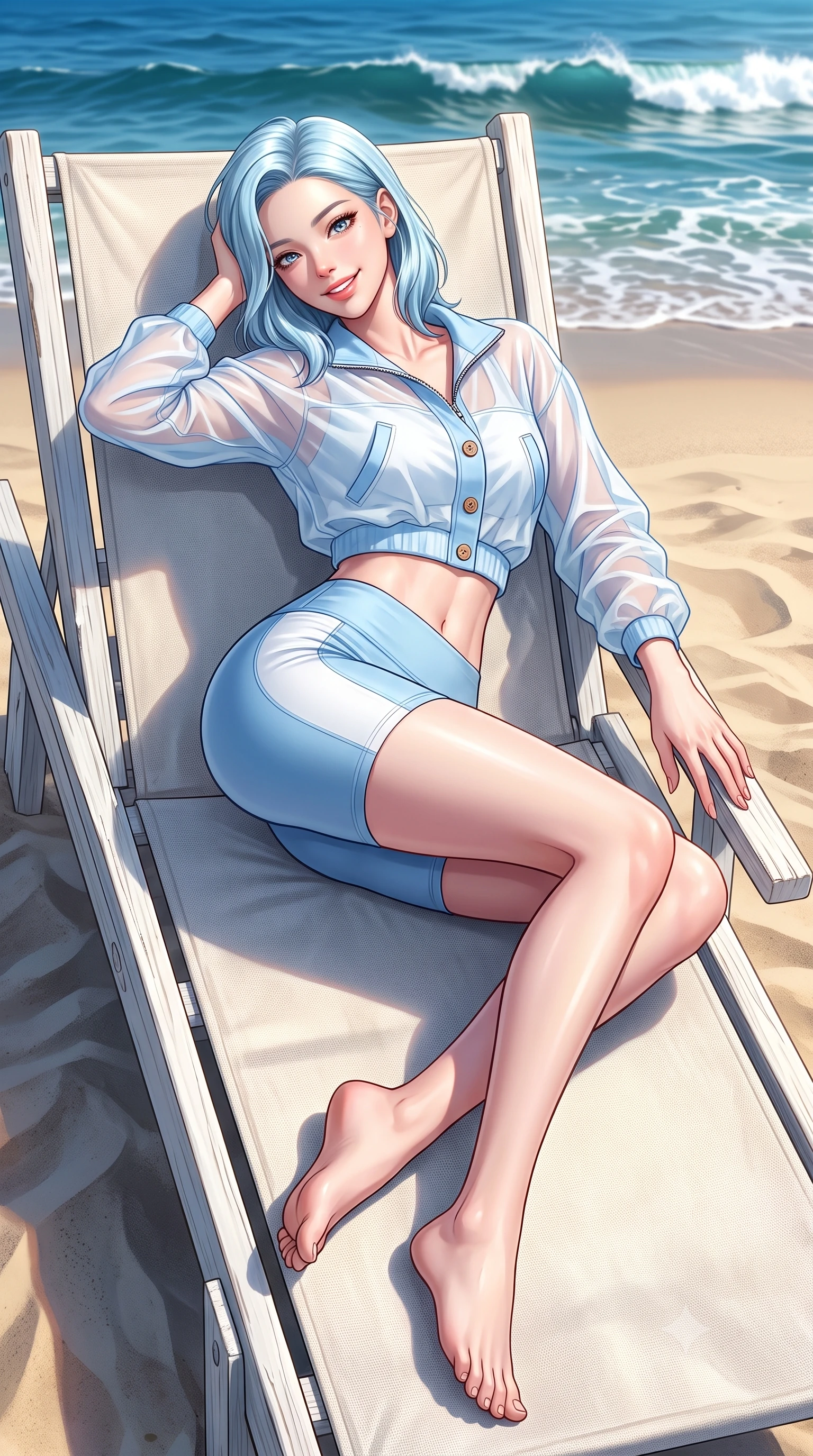 score_9, masterpiece, best quality, ultra-detailed, high-budget anime keyframe, semi-realistic 3D game render, editorial fashion photography, tasteful artistic composition, Korean woman. low angle full-body shot from head to toe showing her feet, filling the entire 9:16 vertical frame with her statuesque presence, stretching her vertical silhouette. reclining languidly on her side across the sunbed with one knee drawn up, her radiant smile and arched hip curve commanding the 9:16 vertical frame with youthful sensual charisma while reclining on an outdoor canvas sun lounger propped on one elbow, her curvy hips and long slender legs caressed by the warm California sea breeze. The surrounding environment is rendered in vivid detail and crisp panoramic clarity. sharp weathered white timber grain, sand dune textures, and ocean wave crest caustics in deep focus. She has an exceptionally tall and slender model-like 8.5-heads proportion, an ultra-slim waist, a flat toned midriff, narrow delicate ribcage, and beautifully sculpted feminine hips creating a graceful, slim hourglass silhouette without any bulky heaviness, with impossibly long slender legs. sharp v-shaped jawline, high-bridge nose, intricate jewel-like sparkling eyes with depth, thick eyelashes, glossy parted lips with a natural peach sheen, bright cheerful beaming smile with an enchanting and coquettish sensual glint, exuding both youthful cute charm and seductive allure, flawlessly proportioned anatomical accuracy, strict slender model proportions, natural body alignment, perfectly sculpted long slender limbs, ultra-slim waistline, clean dynamic posture without body distortion. wearing a sporty chic zip-up crop jacket paired with high-waisted biker shorts clinging to her athletic hips in soft baby blue and crisp cloud white, woven from layered gossamer organza with weightless flutter, finished with neat front wooden buttons and delicate pocket details, the high-waisted tailoring accentuating her ultra-slim waistline and the enchanting curve of her feminine hips with alluring charm. illuminated by intense specular sea foam reflections sharply sculpting her razor-sharp jawline, narrow waist, and curvy hips. highly saturated vibrant anime colors, detailed shading with soft gradients, rich glossy textures, high-contrast stereoscopic depth, volumetric dynamic lighting, master piece, 9:16 ratio