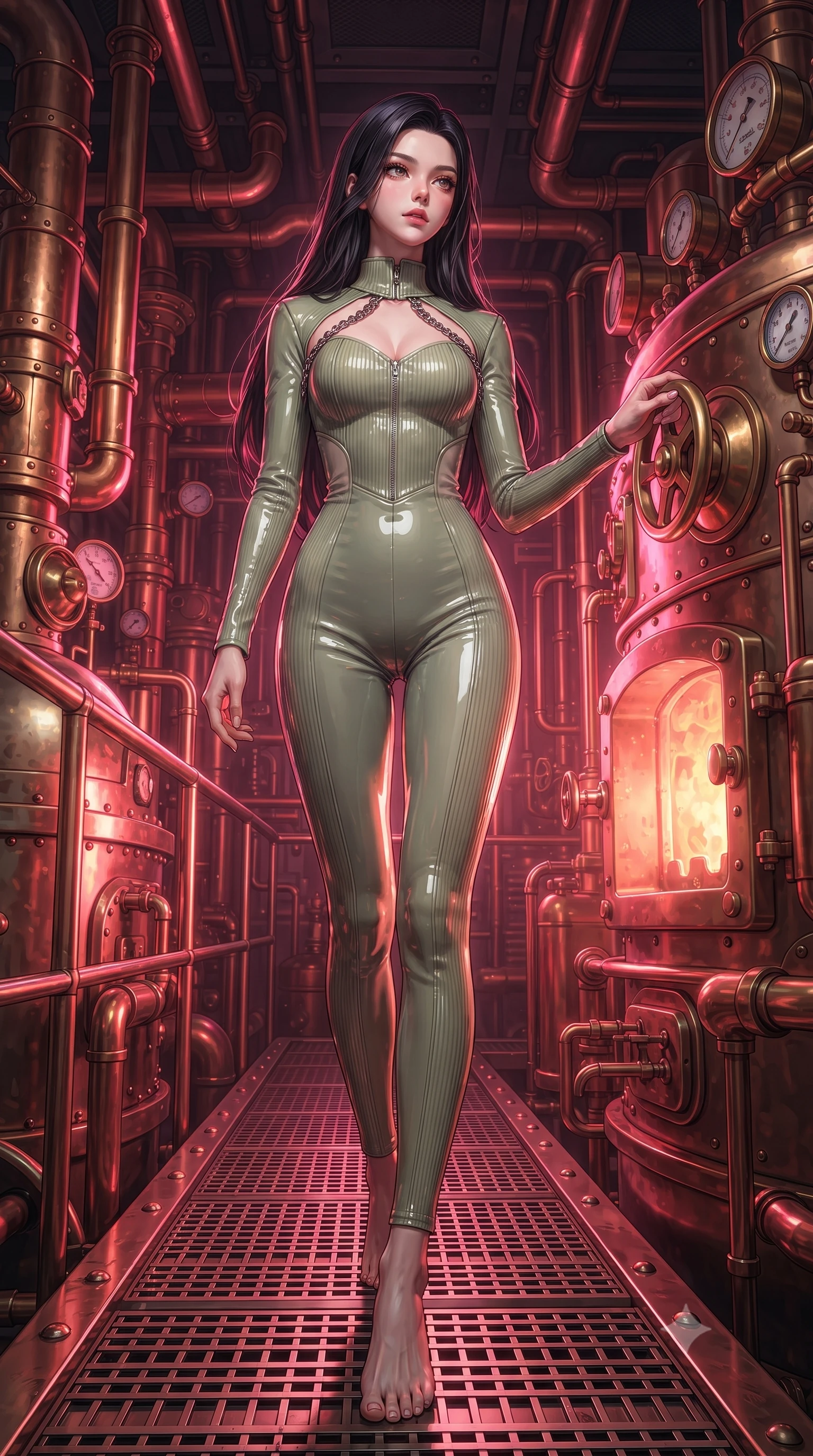 score_9, masterpiece, best quality, ultra-detailed, high-budget anime keyframe, editorial fashion photography, tasteful artistic composition, Korean woman. low angle full-body shot from head to toe showing her feet, filling the entire 9:16 vertical frame with her statuesque presence, stretching her vertical silhouette. stepping forward with proud posture, filling the vertical frame with her magnetic presence adjusting a brass pressure dial inside a retro-futuristic power foundry, intricate copper pipes, rivets, and pressure gauges gleaming in furnace heat. She has an absolutely perfect, statuesque 8.5-heads proportion, an exceptionally tall and slender model-like female figure with impossibly long slender legs and an ultra-slim waist. sharp v-shaped jawline, high-bridge nose, intricate jewel-like eyes with depth, thick eyelashes, glossy lips with a natural sheen. wearing a form-fitting ribbed activewear set with collar cutouts in sage green and oatmeal, tailored from high-gloss patent leather, adorned with delicate metallic chain straps along the neckline, the form-contouring material highlighting her ultra-slim waist and long lines. bathed in hot pink and orange furnace glow with sharp bronze specular highlights. ultra-reflective glossy finish, specular highlights, metallic sheen, high-contrast stereoscopic depth, volumetric dynamic lighting, 2k, ultra detail, master piece, 9:16 ratio