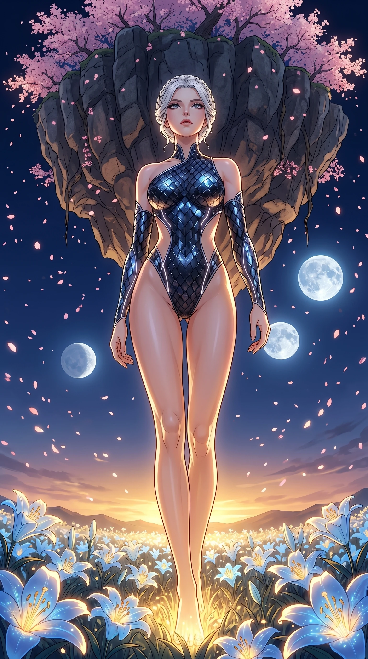 score_9, masterpiece, best quality, ultra-detailed, High-budget Anime Keyframe, vibrant colors, fluid line-art, expressive lighting, cinematic composition, Ufotable-style visual effects, top-tier animation quality, Japanese woman with delicate and elegant anime-inspired features. Low angle cowboy shot filling the entire 9:16 frame with her statuesque presence, looking up to emphasize her height. Walking gracefully through a field of bioluminescent lilies that glow brighter as she passes, under a sky filled with three moons. She has an absolutely perfect 8-heads proportion, an exceptionally tall and slender female figure with impossibly long slender legs and an ultra-slim waist, her statuesque height and towering silhouette dominating the vertical 9:16 frame. Her face is a masterpiece featuring a sharp v-shaped jawline, high-bridge nose, intricate jewel-like eyes with depth, thick eyelashes, and glossy lips with a natural sheen. She is wearing a Asymmetrical high-cut tech-bodysuit with detached sleeves and glowing fiber-optic seams crafted from Obsidian-glass scales that shimmer with a dark, crystalline brilliance, featuring elegant design elements that emphasize her ultra-slim waist and hips. The scene is set in an ancient floating island with pink cherry blossoms falling like snow against a blue sky, illuminated by golden hour sunlight that gives her skin a warm, radiant glow. 2k, ultra detail, master piece, 9:16 ratio
