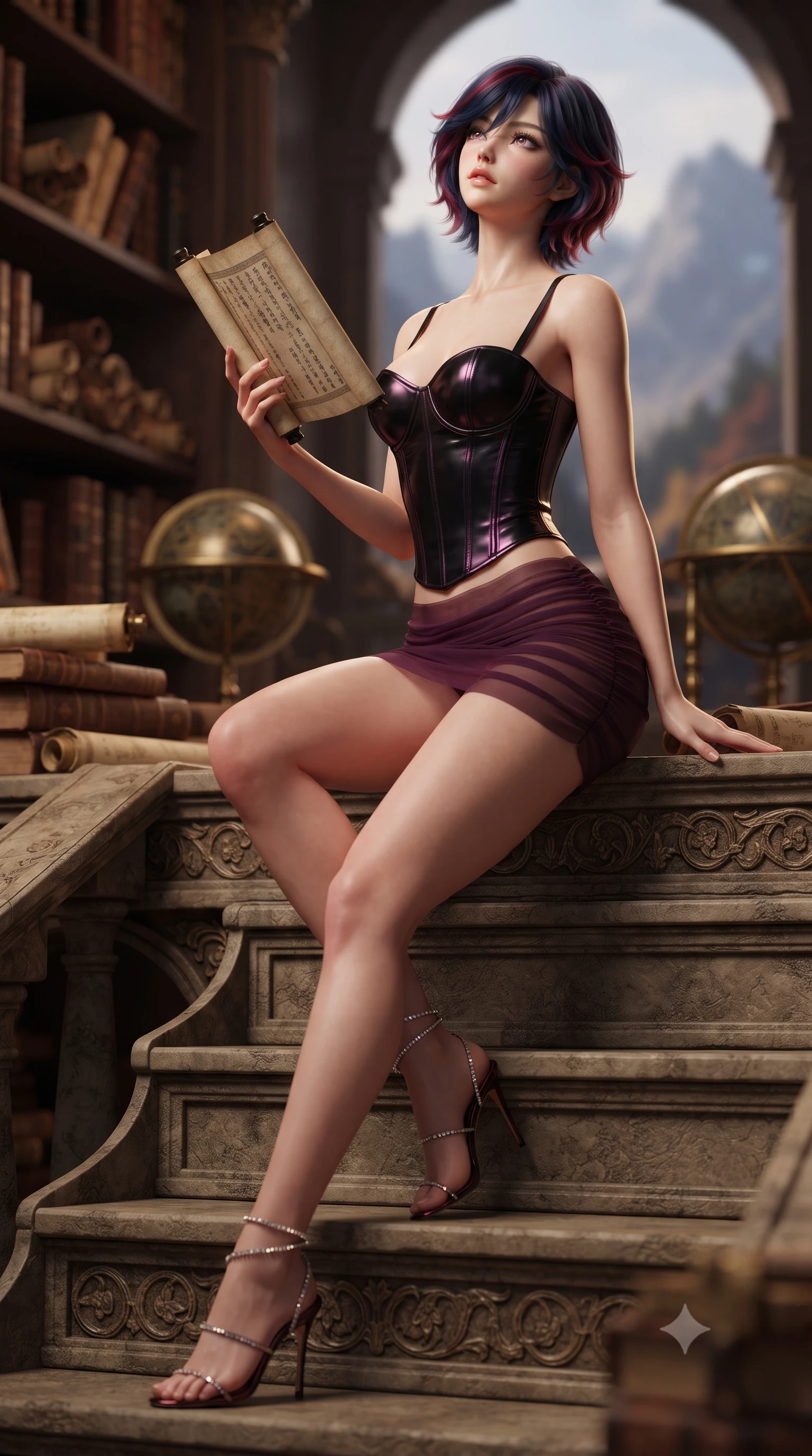 score_9, masterpiece, best quality, ultra-detailed, high-budget anime keyframe, editorial fashion photography, tasteful artistic composition, Korean woman. low angle full-body shot from head to toe showing her feet, filling the entire 9:16 vertical frame with her statuesque presence, stretching her vertical silhouette. sitting poised on the stone steps with one knee bent, arching her spine with supermodel elegance as she glances upward through thick eyelashes while standing on the library balcony holding an open silk scroll, arching her back with sophisticated, seductive intellect. The background shows a soft-focus rows of leather-bound antique scrolls, brass astrological globes, and distant mountain vistas blurred into mahogany, amber, and navy bokeh. She has an absolutely perfect, statuesque 8.5-heads proportion, an exceptionally tall and slender model-like female figure with impossibly long slender legs, an ultra-slim waist, a flat toned midriff, narrow delicate ribcage, and beautifully sculpted feminine hips creating a graceful, slim hourglass silhouette without any bulky heaviness. sharp v-shaped jawline, high-bridge nose, sparkling eyes with hypnotic seductive depth, thick curled eyelashes, glossy parted lips with a natural dewy peach sheen, alluring bedroom-eyes with an enchanting coquettish smile, exuding magnetic siren charisma and sophisticated glamour, flawlessly proportioned anatomical accuracy, strict slender model proportions, natural body alignment, perfectly sculpted long slender limbs, ultra-slim waistline, clean dynamic posture without body distortion. wearing a structured boned leatherette corset top paired with an ultra-short ruched neon mini skirt in wet-look onyx black with electric fuchsia reflections, made of sheer gossamer chiffon that drapes softly against skin with airy translucence, complemented by strappy stiletto sandals with crystal ankle wraps accentuating her slender calves, the liquid-tight tailored fabric clinging flawlessly to her narrow waist and rounded feminine hips, emphasizing every millimeter of her sculpted slim hourglass curves without any bulky heaviness. illuminated by book shelf shadow gradients and sharp warm-gold rim lights sculpting her jawline, ultra-slim waist, and curvy hips. ultra-reflective glossy finish, specular highlights, rich textural contrasts, high-contrast stereoscopic depth, volumetric dynamic lighting, 2k, ultra detail, master piece, 9:16 ratio