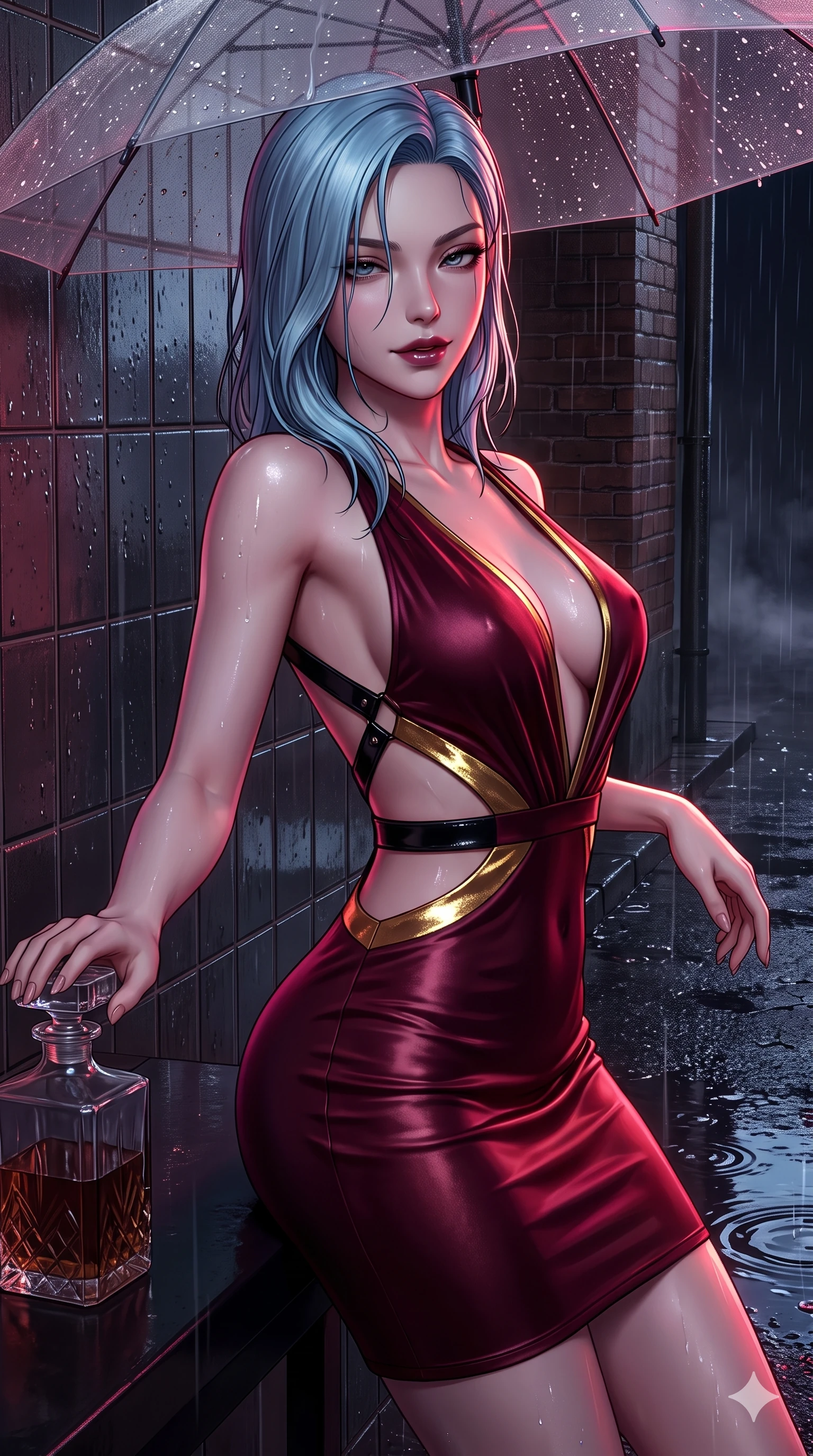 score_9, masterpiece, best quality, ultra-detailed, high-budget anime keyframe, semi-realistic 3D game render, editorial fashion photography, tasteful artistic composition, Korean woman. close-up cowboy shot from the waist and thighs up, the character dominates the composition, filling the frame with her large presence. twisting her slender torso in an alluring S-curve while reaching for a vintage crystal decanter, her dark tailored fit highlighting her hourglass curves while leaning back against the rain-slicked tile wall with hips cocked back, looking through dark wet strands of hair with heavy-lidded bedroom-eyes. The surrounding environment is rendered in vivid detail and crisp panoramic clarity: sharp wet asphalt grit texture, rain droplets beading on the translucent umbrella canopy, and puddle ripple reflections in deep focus. She has an exceptionally elegant, slender, and willowy female figure with an ultra-slim waist, flat toned midriff, narrow ribcage, and sculpted feminine hips creating an alluring, slim hourglass silhouette without bulk. sharp v-shaped jawline, high-bridge nose, intricate jewel-like dark sparkling eyes with dangerous depth, thick curled eyelashes, glossy parted lips with a rich wine sheen, smoldering seductive half-smile with bedroom-eyes, exuding effortless superiority and intoxicating dark allure, flawlessly proportioned anatomical accuracy, strict slender model proportions, natural body alignment, perfectly sculpted long slender limbs, ultra-slim waistline, clean dynamic posture without body distortion. wearing a slinky deep-V liquid jersey cocktail dress with waist cutout accentuating her hourglass curves in deep wine burgundy and lustrous gold foil, tailored from smooth liquid silk satin that clings smoothly to her narrow waist and rounded hips with a dewy sheen, featuring an open-back criss-cross harness strap in patent black leather, the liquid-tight tailored fabric clinging flawlessly to her narrow waist and rounded feminine hips, emphasizing every millimeter of her sculpted slim hourglass curves without any bulky heaviness. illuminated by wet pavement neon puddle bounce and sharp scarlet-magenta rim lights sculpting her razor-sharp jawline, narrow waist, and curvy hips. highly saturated vibrant anime colors, detailed shading with soft gradients, rich glossy textures, high-contrast stereoscopic depth, volumetric dynamic lighting, master piece, 9:16 ratio