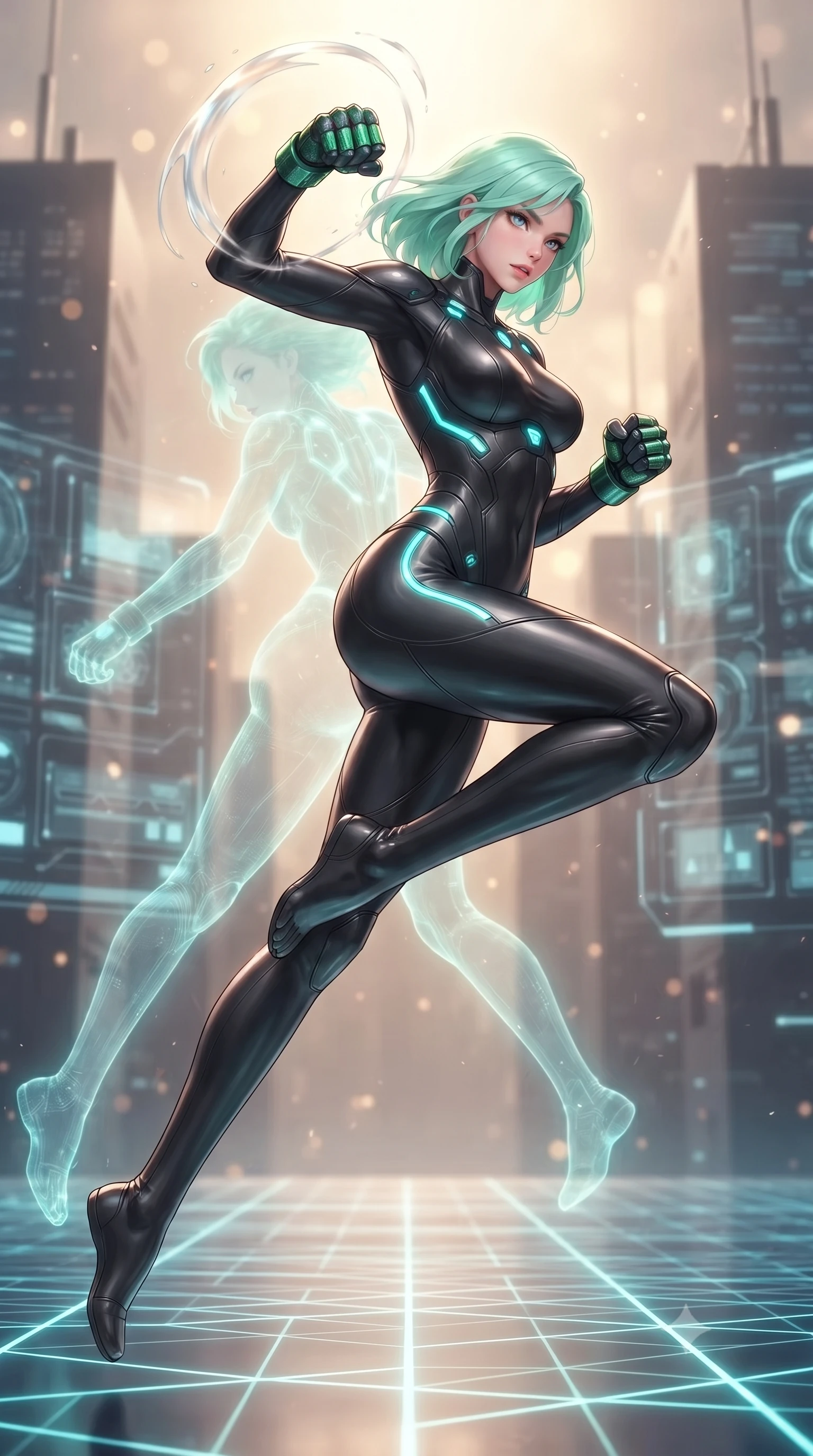 score_9, masterpiece, best quality, ultra-detailed, high-budget anime keyframe, editorial fashion photography, tasteful artistic composition, Japanese woman. low angle full-body shot from head to toe showing her feet, filling the entire 9:16 vertical frame with her statuesque presence, stretching her vertical silhouette. leaping into mid-air with an athletic yet alluring arch of her spine, driving a downward kinetic strike surrounded by a ring of displaced air while shifting at supersonic speed across a glowing quantum grid floor, leaving translucent holographic after-images in her wake. The composition keeps background elements in soft focus with creamy bokeh. supercomputer processor towers and holographic interface walls softened in dreamy atmospheric depth. She has an absolutely perfect, statuesque 8.5-heads proportion, an exceptionally tall and slender model-like female figure with impossibly long slender legs, a toned flat midriff, and an ultra-slim waist. sharp v-shaped jawline, high-bridge nose, intricate jewel-like eyes with depth, thick eyelashes, glossy lips with a natural sheen, flawlessly proportioned anatomical accuracy, strict slender model proportions, natural body alignment, perfectly sculpted long slender limbs, ultra-slim waistline, clean dynamic posture without body distortion. wearing a high-mobility matte-black carbon-fiber combat bodysuit with glowing neon cyan kinetic conduits and Damascus-textured knuckle guards in emerald green carbon composite with glowing lime laser channels, made of liquid carbon-jersey fabric adhering flawlessly to her sculpted silhouette, accented with glowing fiber-optic conduits tracing her collarbones and hip curves, the sleek second-skin cut tightly hugging her graceful clavicle, narrow waist, and feminine curves with athletic precision. surrounded by an omniscient, divine, and radiantly transcendent martial muse aura. ultra-reflective glossy finish, specular highlights, dark metallic sheen, high-contrast stereoscopic depth, volumetric dynamic lighting, 2k, ultra detail, master piece, 9:16 ratio