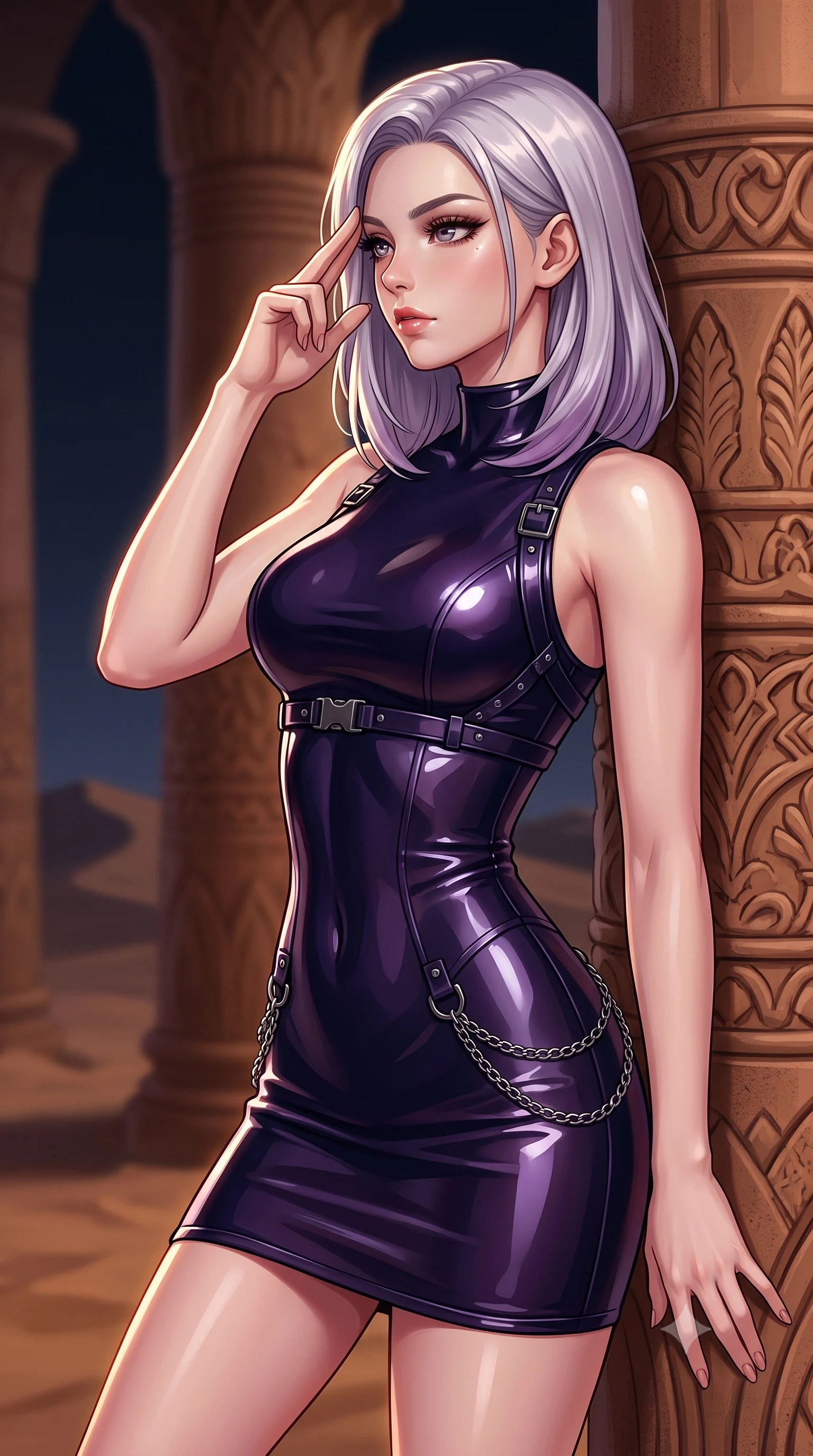 score_9, masterpiece, best quality, ultra-detailed, high-budget anime keyframe, editorial fashion photography, tasteful artistic composition, Caucasian woman. close-up cowboy shot from the waist and thighs up, the character dominates the composition, filling the frame with her large presence, background elements kept in soft focus. Pressing two fingers to her temple in a composed, sharp thoughtful gesture, resting against a carved clay pillar looking out at a dark desert horizon, mysterious oriental desert luxury aesthetic. She has an exceptionally elegant, slender, and willowy female figure with an ultra-slim waist, a gracefully sculpted slender torso, and a refined silhouette. sharp v-shaped jawline, high-bridge nose, intricate jewel-like eyes with depth, thick eyelashes, glossy lips with a natural sheen. wearing glove-like fit dark navy latex bodycon mini dress in dark plum violet, made of high-gloss liquid vinyl, framed by dark titanium buckles and silver chain details, contouring every curve with an exceptionally elegant silhouette. surrounded by a warm atmospheric glow with sharp rim highlights. highly saturated vibrant anime colors, detailed shading with soft gradients, rich glossy textures, high-contrast stereoscopic depth, volumetric dynamic lighting, master piece, 9:16 ratio