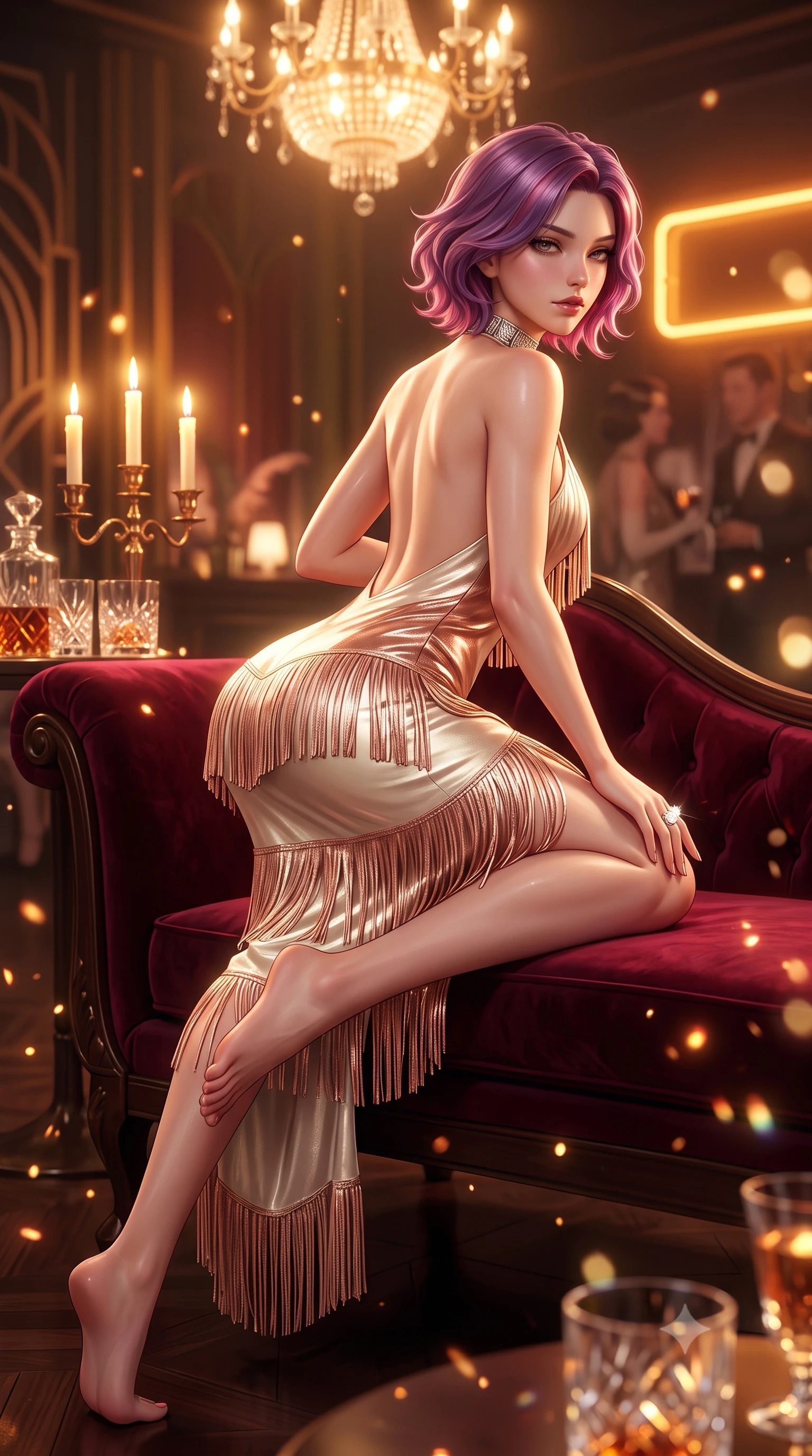 score_9, masterpiece, best quality, ultra-detailed, high-budget anime keyframe, semi-realistic 3D game render, editorial fashion photography, tasteful artistic composition, Caucasian woman. low angle full-body shot from head to toe showing her feet, filling the entire 9:16 vertical frame with her statuesque presence, stretching her vertical silhouette. posing with back turned slightly to the lens, glancing back with smoldering allure as she arches her lower back to emphasize her sculpted feminine hips and slender waist while reclining on a plush velvet chaise lounge with one knee drawn up, smoldering eyes locked onto the viewer with dangerous flapper allure. The composition keeps background elements in soft focus with creamy bokeh. flickering candelabra flames and cut crystal glass refractions scattering warm decadent light motes. She has an absolutely perfect, statuesque 8.5-heads proportion, an exceptionally tall and slender model-like female figure with impossibly long slender legs, a toned flat midriff, an ultra-slim waist, and beautifully sculpted feminine hips. sharp v-shaped jawline, high-bridge nose, intricate jewel-like eyes with depth, thick eyelashes, glossy parted lips with a natural sheen, intensely captivating and seductive bedroom-eyes expression, flawlessly proportioned anatomical accuracy, strict slender model proportions, natural body alignment, perfectly sculpted long slender limbs, ultra-slim waistline, clean dynamic posture without body distortion. wearing a 1920s backless silk fringe flapper dress with a deep scooped back and shimmering tiered tassels dancing around her hips in pristine ivory cream and antique rose gold, crafted from luxurious metallic lamé that shifts radiance with every step, complemented by a bold geometric diamond choker and glittering cocktail ring, the glove-like aerodynamic silhouette tightly following the natural contour of her hips and long slender legs with statuesque precision. bathed in warm incandescent chandelier warmth and vintage amber neon glow. highly saturated vibrant anime colors, detailed shading with soft gradients, rich glossy textures, high-contrast stereoscopic depth, volumetric dynamic lighting, master piece, 9:16 ratio