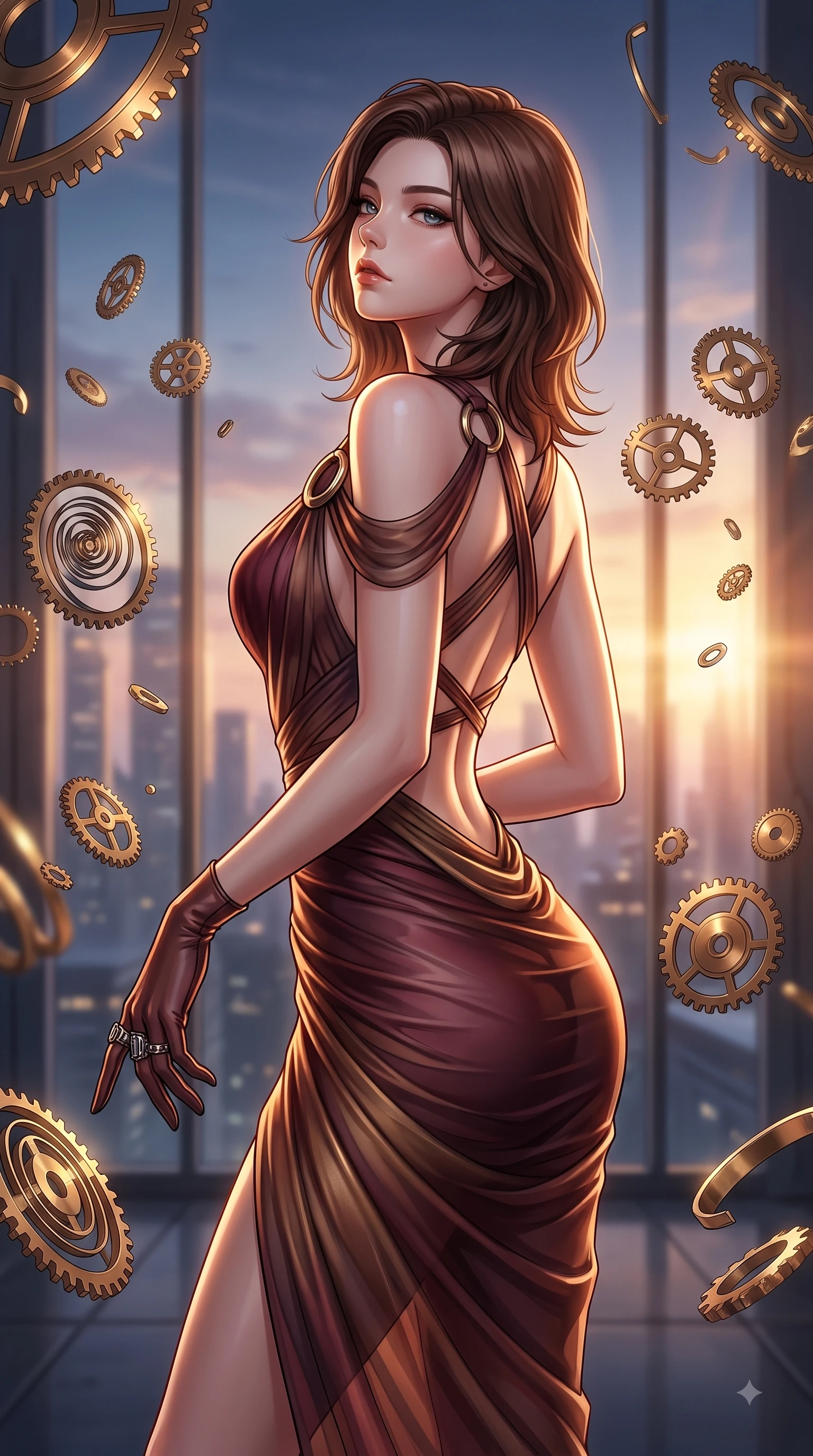 score_9, masterpiece, best quality, ultra-detailed, high-budget anime keyframe, editorial fashion photography, tasteful artistic composition, Korean woman. close-up cowboy shot from the waist and thighs up, the character dominates the composition, filling the frame with her large presence, background elements kept in soft focus. Tilting her chin up with composed magnetism as dramatic side lighting traces her sculpted waist and hip contour while pivoting in a dynamic profile pose as twilight amber light streams through the massive window, floating brass gears and clocksprings casting intricate metallic reflections. She has an exceptionally elegant, slender, and willowy female figure with an ultra-slim waist, a gracefully sculpted slender torso, and a refined silhouette. sharp v-shaped jawline, high-bridge nose, intricate jewel-like eyes with depth, thick eyelashes, glossy lips with a natural sheen, flawlessly proportioned anatomical accuracy, natural body alignment, perfectly sculpted elegant limbs, clean dynamic posture without body distortion. wearing an asymmetrical Grecian draped chiffon gown with a metallic shoulder ring in deep burgundy and bronze, woven from fine semi-opaque sheer organza, complemented by criss-cross back straps highlighting her bare shoulders, the tailored fabric tightly following every curve of her athletic build. bathed in warm twilight amber backlighting and rich metallic specular glow. highly saturated vibrant anime colors, detailed shading with soft gradients, rich glossy textures, high-contrast stereoscopic depth, volumetric dynamic lighting, master piece, 9:16 ratio